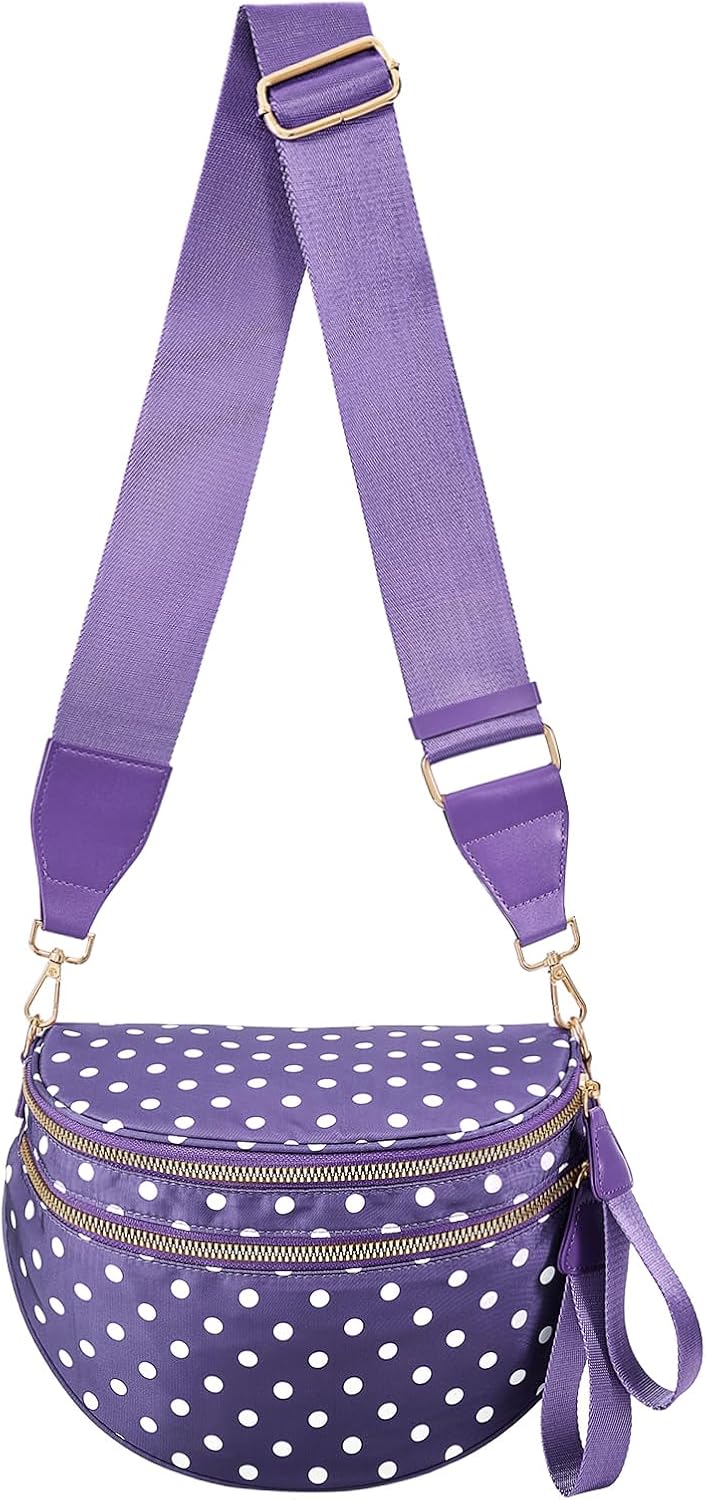 Polka Dots Crossbody Bag Bum Bag for Women,Spacious Checkered Purse Fanny Packs Belt Bag (Cloudy Purple Polka Dots)