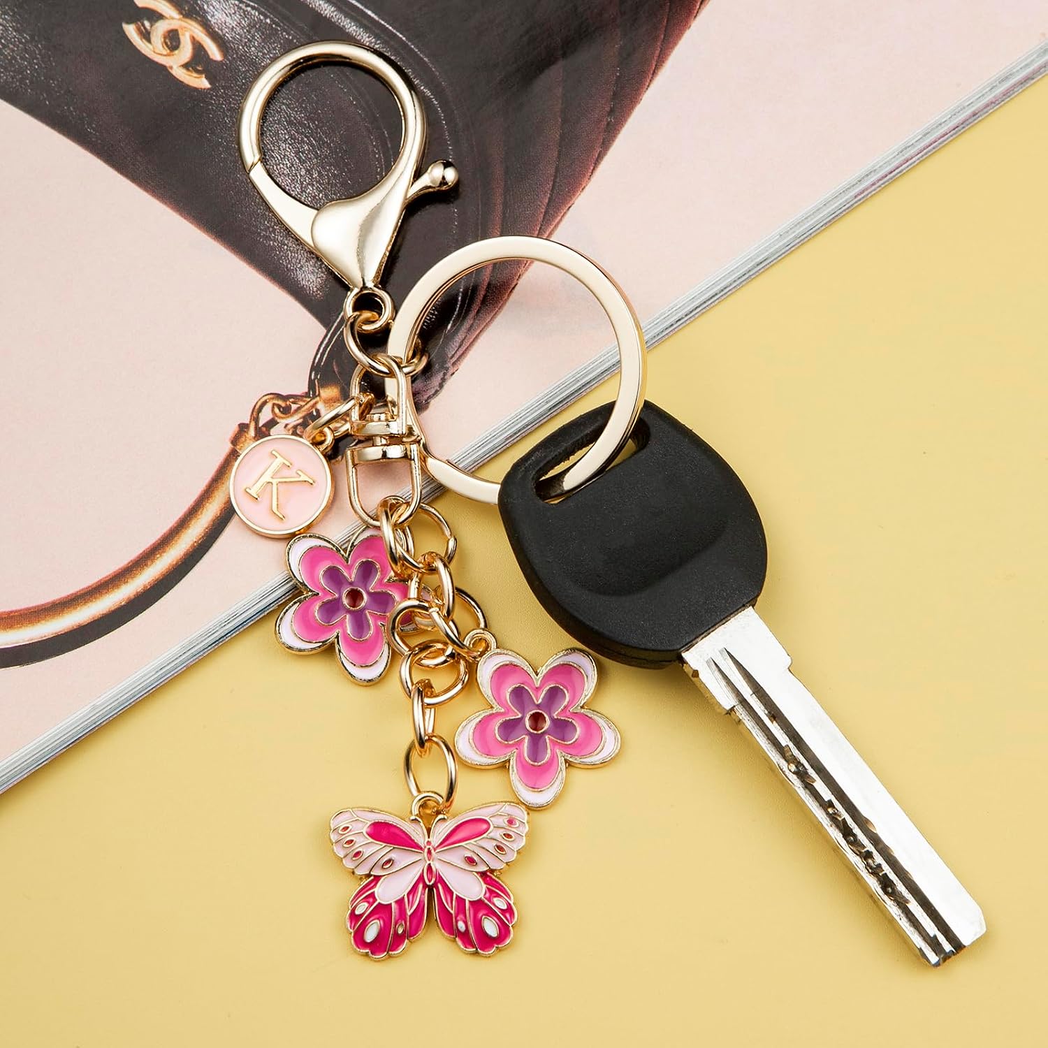 Pink Letter Keychain for Women Bag Charms Purse Charms Cute Stainless Steel Keychain Initial Letter Keys Charm Gifts image 4