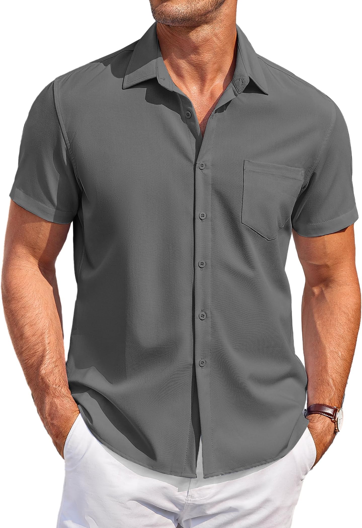 COOFANDYMen's Casual Button Down Shirts Short Sleeve Summer Beach Vacation Untucked Dress Shirts with Pocket