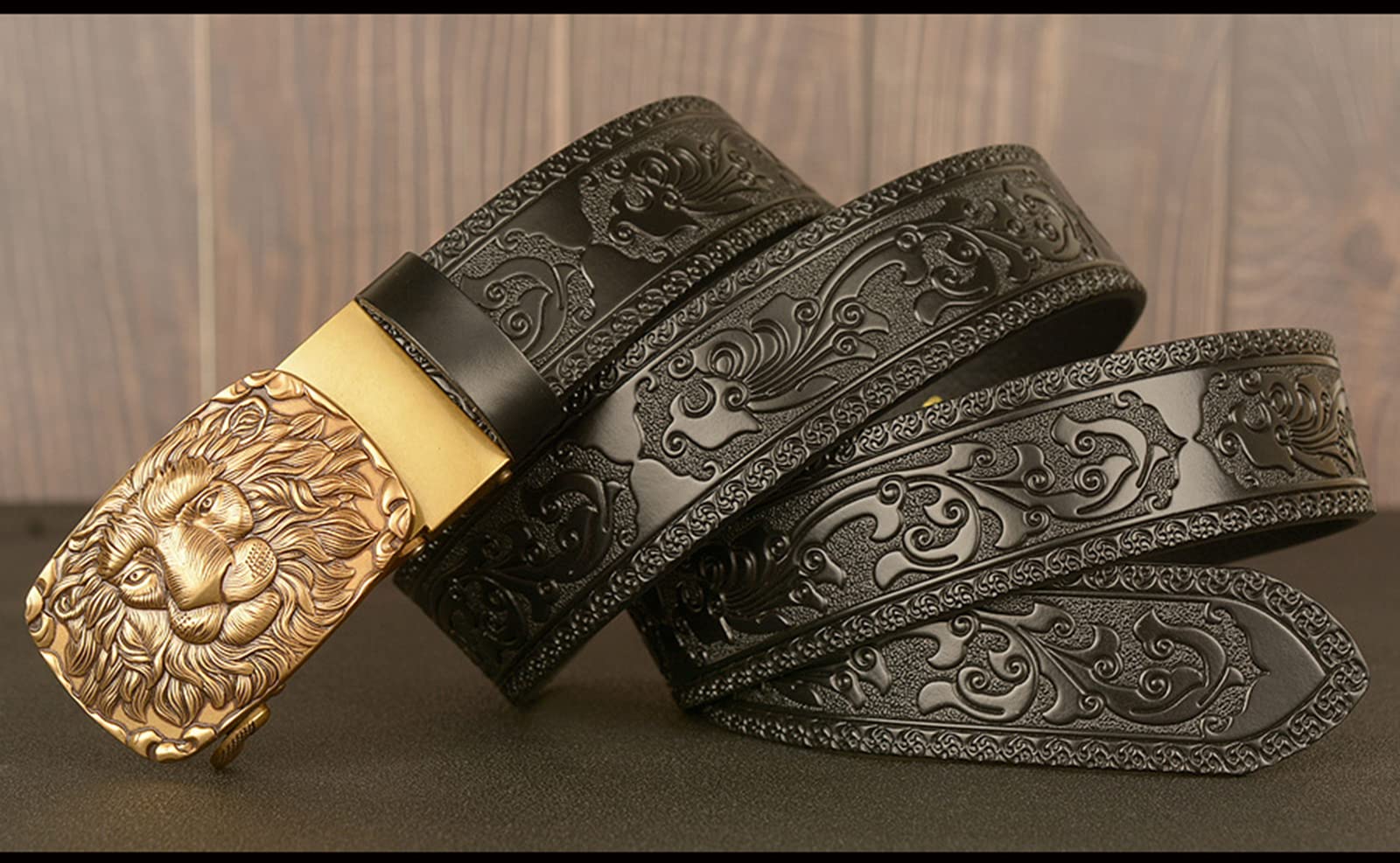 MOTOFUTURE Mens Leather Luxury Gold Lion Head Buckle Belt Fashion