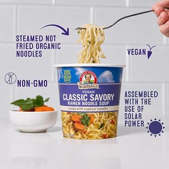 Dr. McDougall's Vegan Classic Savory Ramen Noodle Soup Cup - Organic Ramen Noodles, Non-GMO, Plant-Based Instant Soup - No Seed Oils, No Palm Oil - Just Add Water - 1.8 oz (Pack of 6)