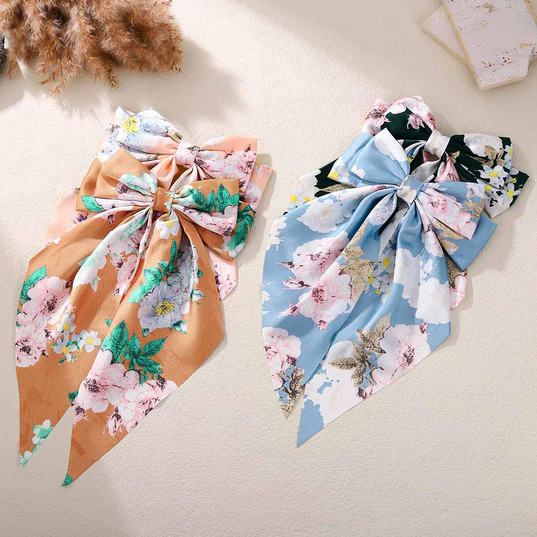 Satin Hair Bows for Women Floral Bow Hair Clips for Thick Curly Hair Large bowknot hair Barrettes Flower Print Hair Accessories Cute Gifts for Women and Girls 4 pcs - Image 2