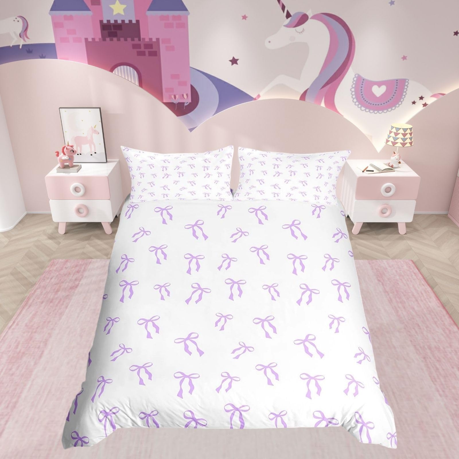 Homewish Kawaii Kids Bowknot Bed Set for Girls Women Purple Bow Princess Cot Duvet Cover Watercolor Bow Knot Bedding Set Simple Purple and White Quilt Cover โ image 1