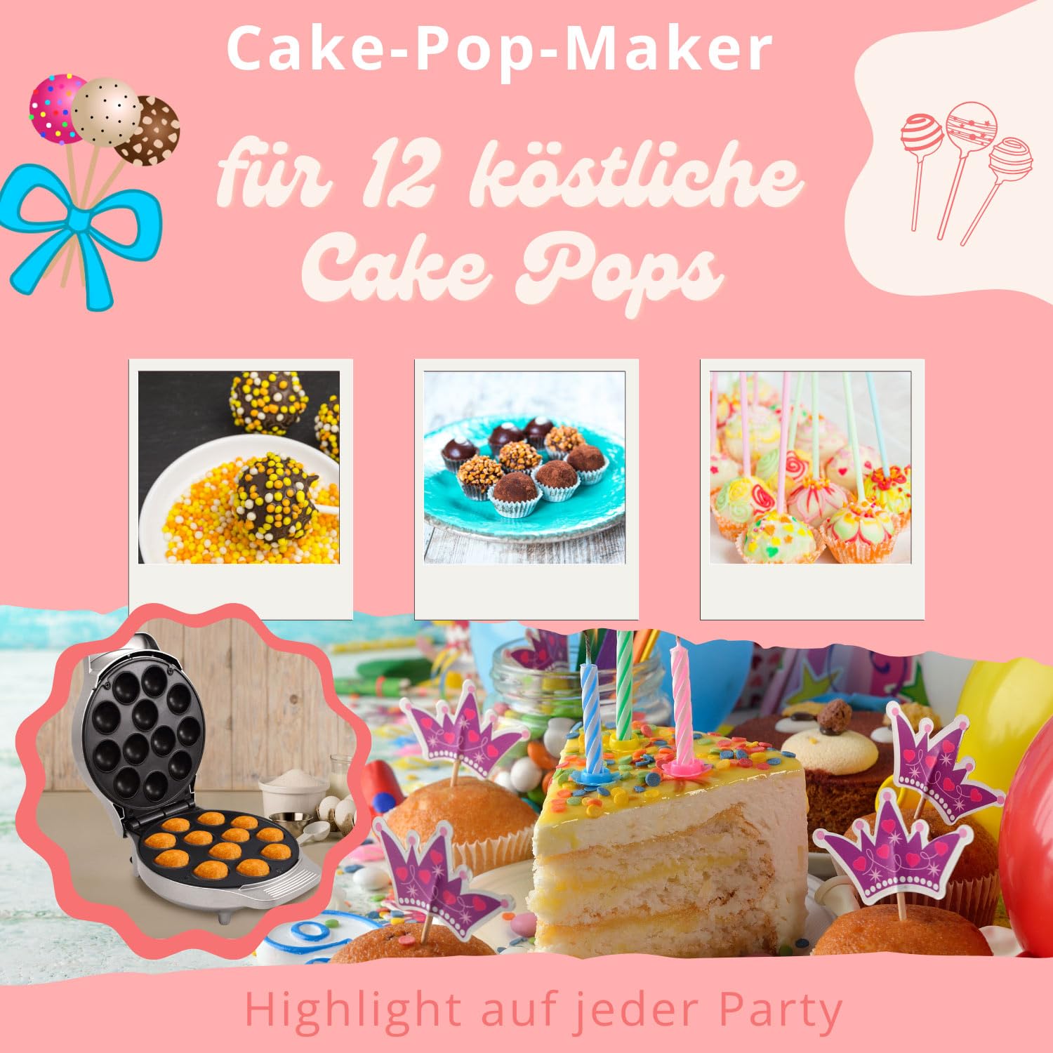 Syntrox Cake Pop Maker | Maschine | Popcakes Maker für 12 Cake Pops, 1200 Watt, Silber, Antihaftbeschichtet, backautomat, Festtagsgebäck selber machen, kleine kuchen Backmaschine