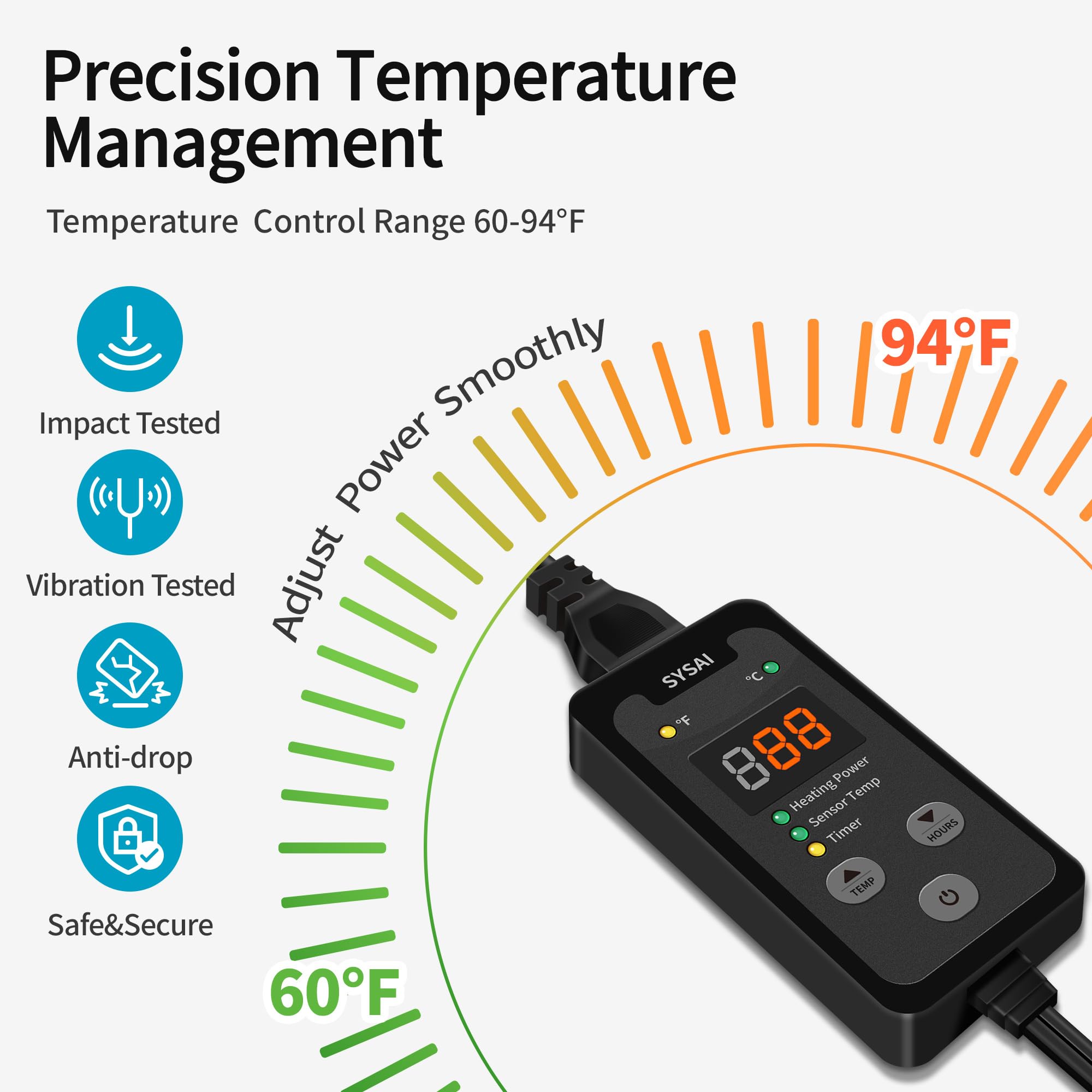 SYSAI Digital Thermostat Controller for Reptile Tank & Heat Mat, Seed Germination, Breeding & Home Brewing, 1A 100W, High Accuracy °F/°C Probe, 60-94°F - image 3