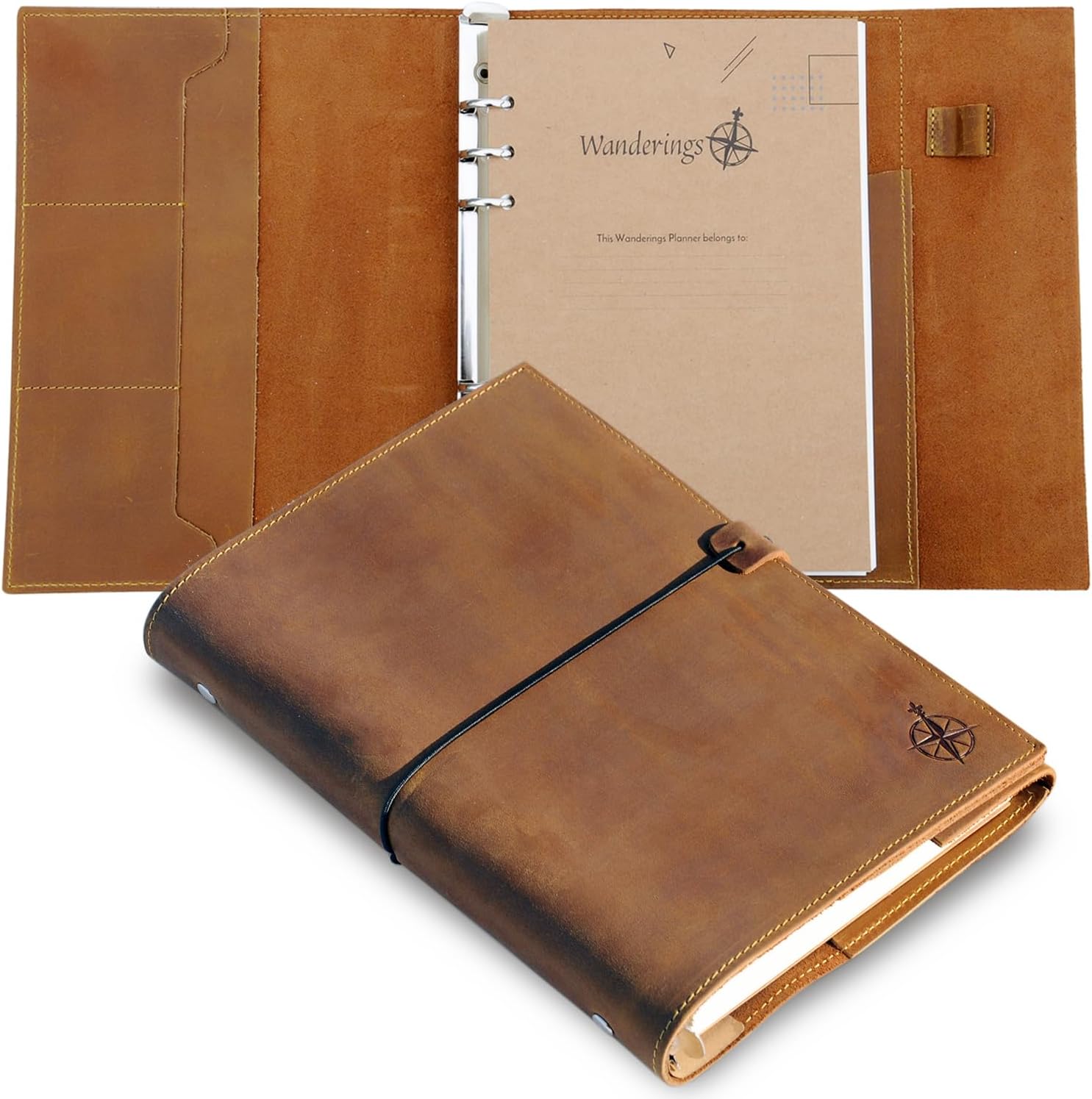 Refillable A5 Leather Binder Journal - 6 Ring Binder Organizer with Pockets - Hand-Crafted Genuine Leather Folio - Filofax Compatible. Mixed Loose Leaf Pages, 22cm x 15cm