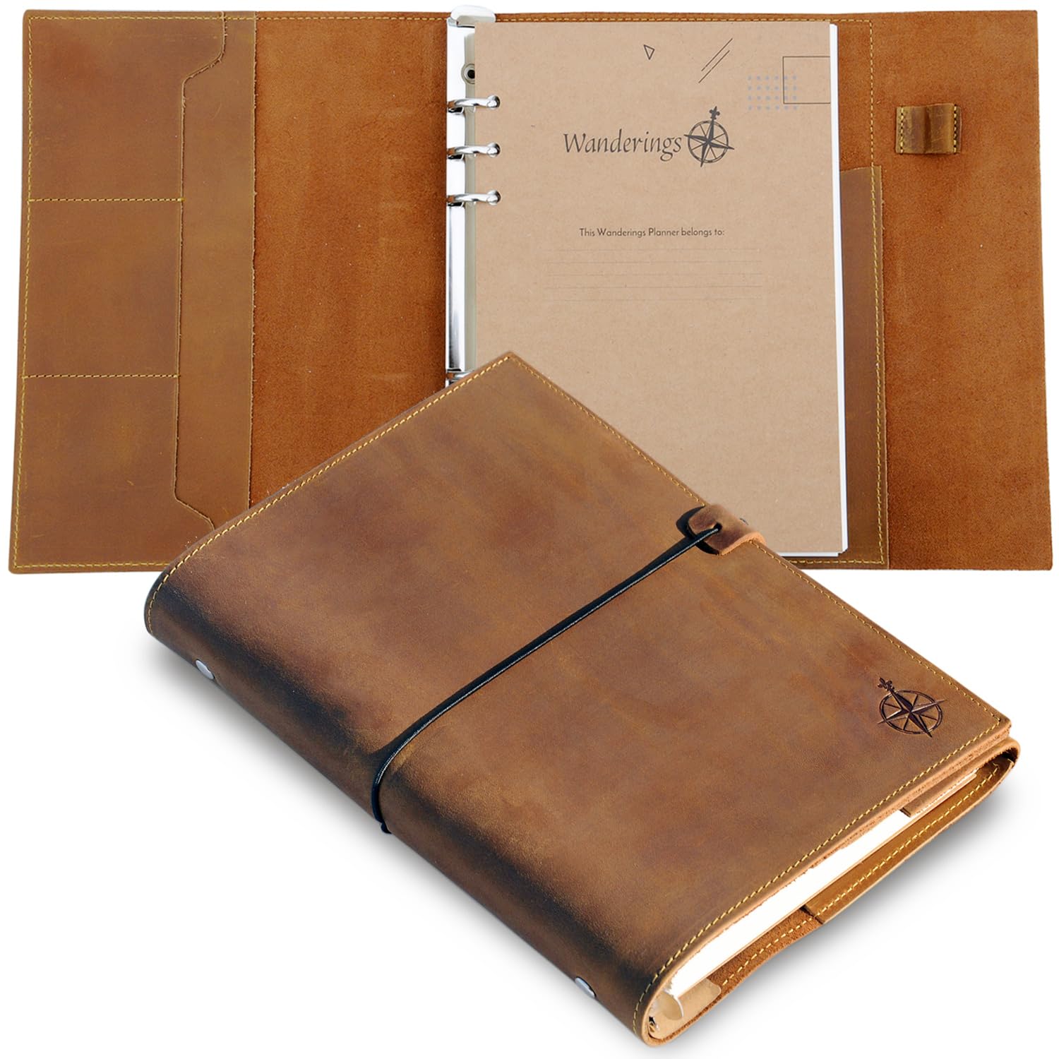 WANDERINGS A5 Leather Binder Planner - Refillable 6 Ring Journal with Inner Pockets - Hand-Crafted Genuine Leather Organizer- Filofax Compatible. 2026/27 Monthly Weekly Calendar with Notes - 6"x8.5"