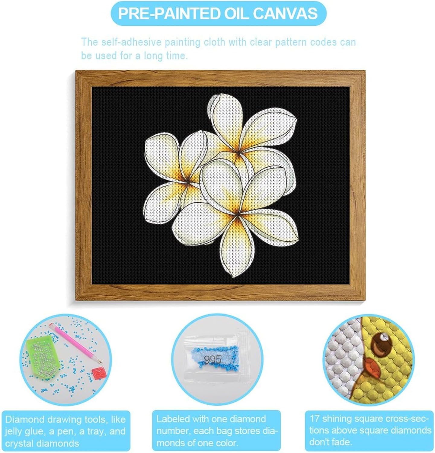 Plumeria Flowers Printed Diamond 5D Painting Kit 16x20in DIY Full Drill Craft with Tools for Home Wall Decor Gift Yellow Wood 50 * 40cm