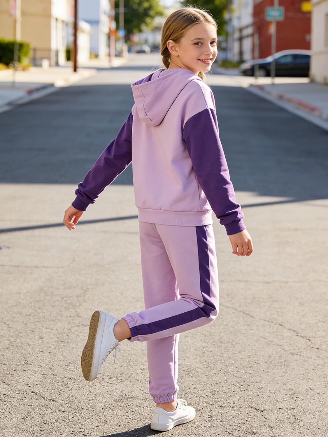 Ages 7-14 Girls' 2 Piece Color Block Zip Up Sweatshirt Hoodie and Jogger Pants Set - Image 5
