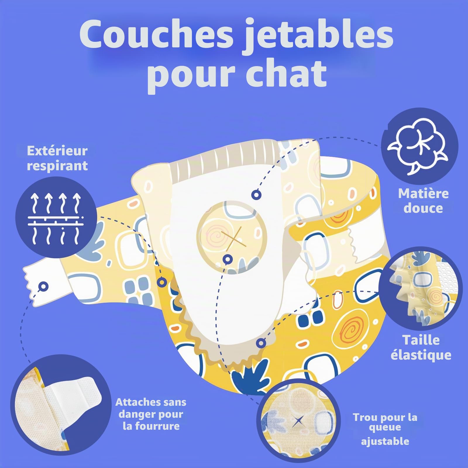 MICOOYO Couche pour Chat pour Chats, Couches pour Chats Super absorbantes avec Trous en Mousse Ajustables, Couches jetables pour en Chaleur (XS, 24 pièces)
