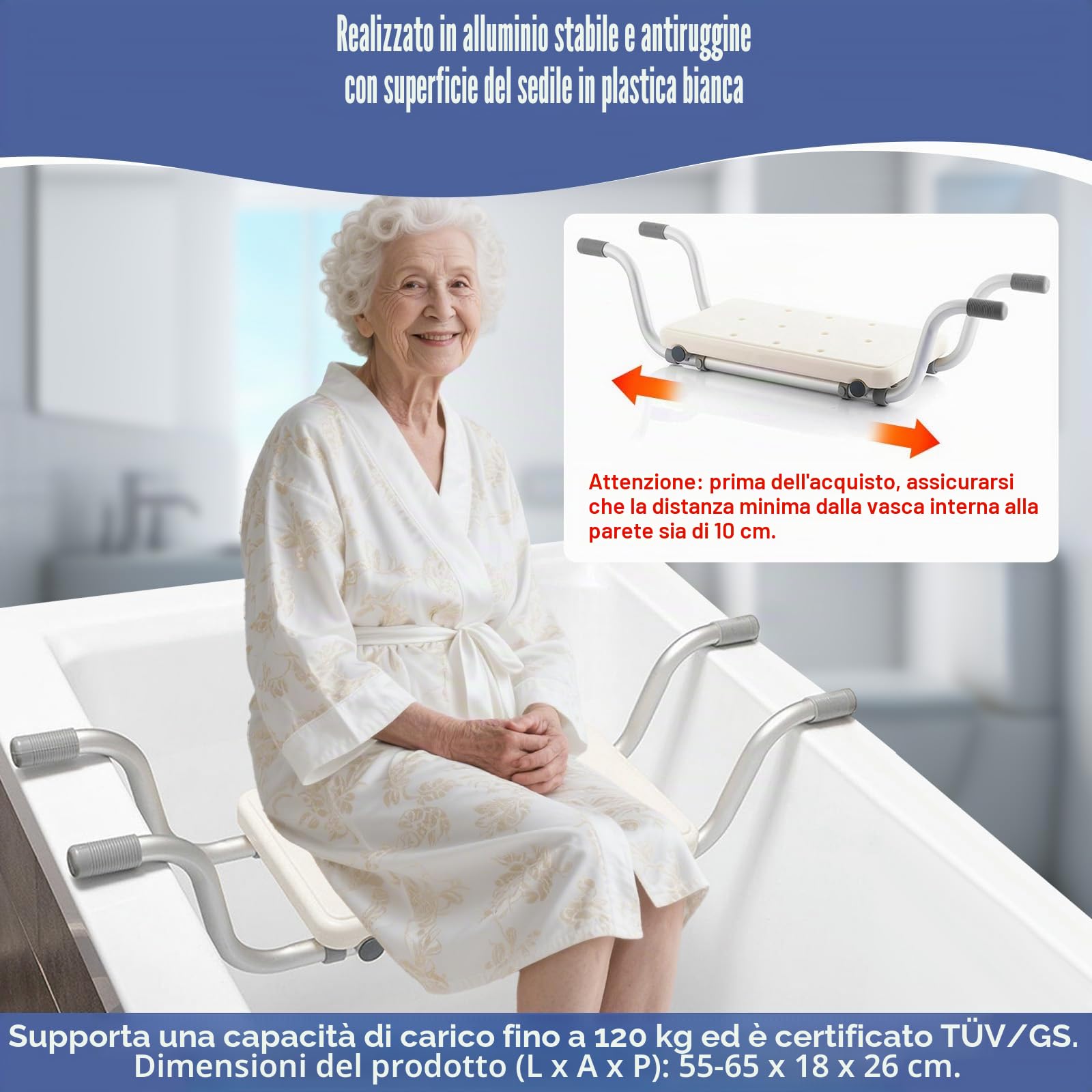 Sedile Per Vasca Da Bagno Regolabile Per Anziani Antiscivolo Con Larghezze Regolabili Per Donne Incinte Bambini Materiale Alluminio Colore Bianco Modello HGAA067-A0E1