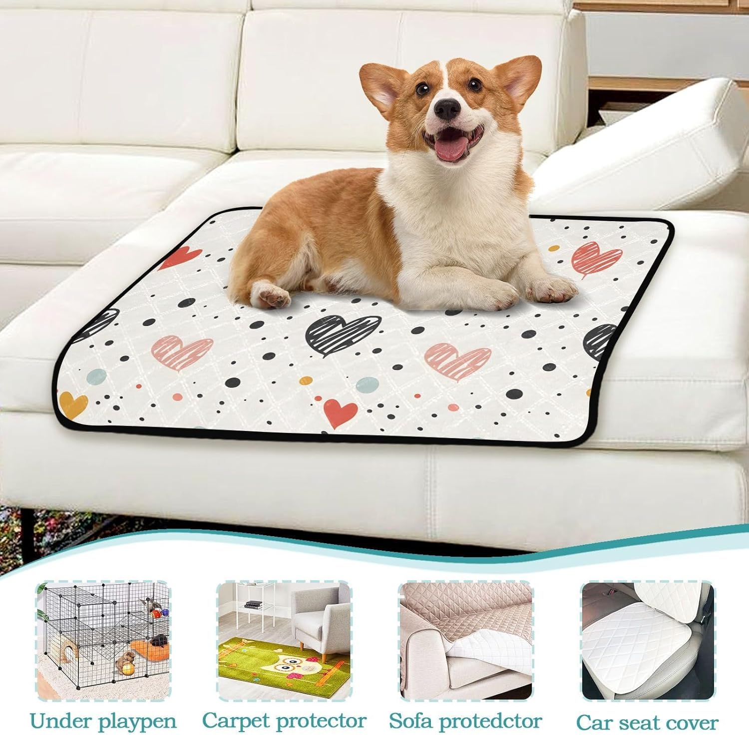 Heart Polka Dots Pet Mat Reusable Feeding Mats for Food and Water Non-Slip Pee Pads for Dogs Cats 2 Packs