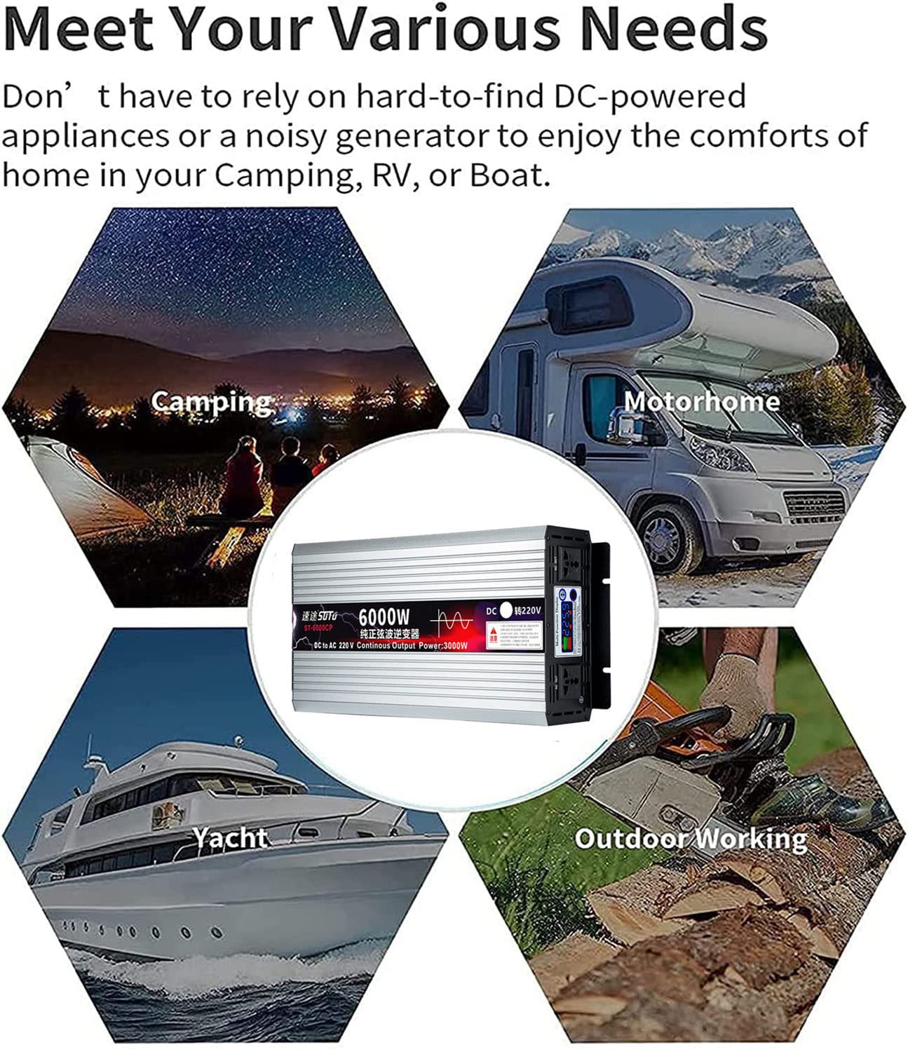 6000 W 8000 W nowy falownik sinusoidalny DC 12 V/24 V na AC 110 V/220 V 230 V przetwornica o wysokiej wydajności z 2 gniazdami AC i wyświetlaczem LCD do kampera, ciężarówki, łodzi, kempingu,