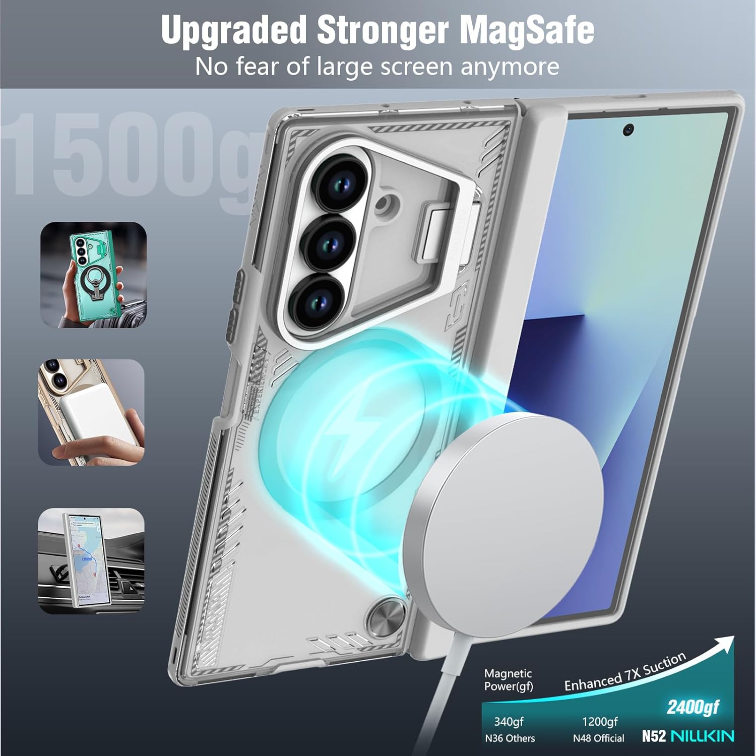 Nillkin for Samsung Galaxy Z Fold 7 Case, Compatible with MagSafe, Built-in [Screen Protector] [Hinge Protection] [Kickstand] Slim Magnetic Anti-Yellow Phone Case for Galaxy Z Fold 7 - Clear Gray
