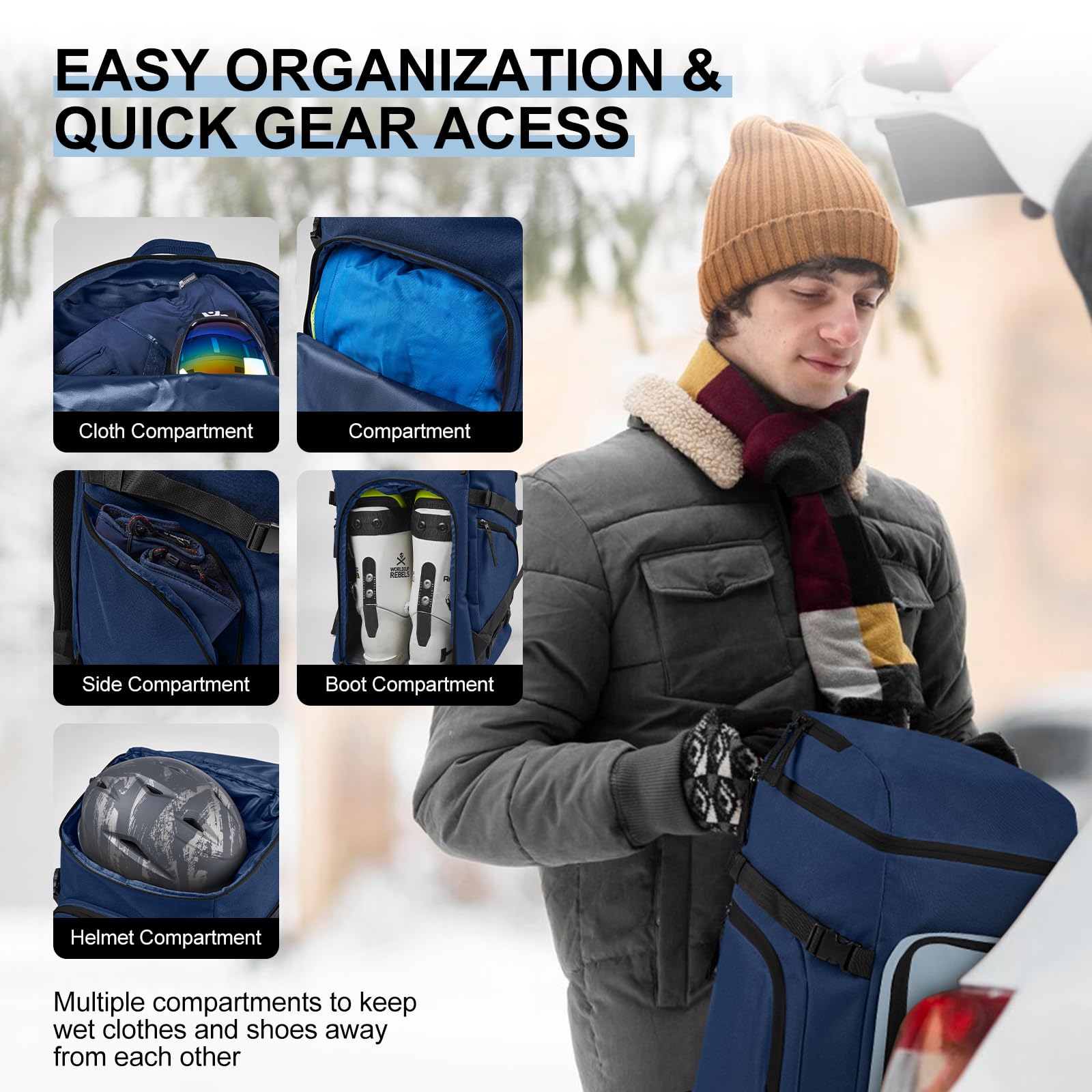 Odoland Bolsa de Esquí y Mochila para Botas 55 L Bolsas Acolchadas para Esquís y Botas de Esquí para Viajes en Avión, Bolsa Impermeable para Guardar y Transportar Equipo de Esquiar de 200 cm