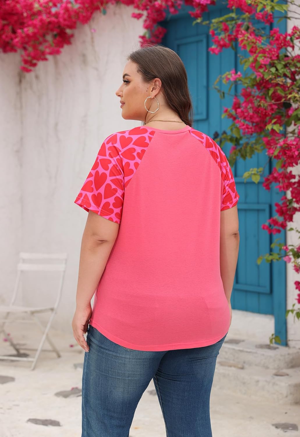 Plus Size Tops for Women Tunic Tops Plus Size Shirts Summer Short Sleeve Raglan V Neck Casual Patchwork Heart Print Tee Pink XX-Large - Image 4