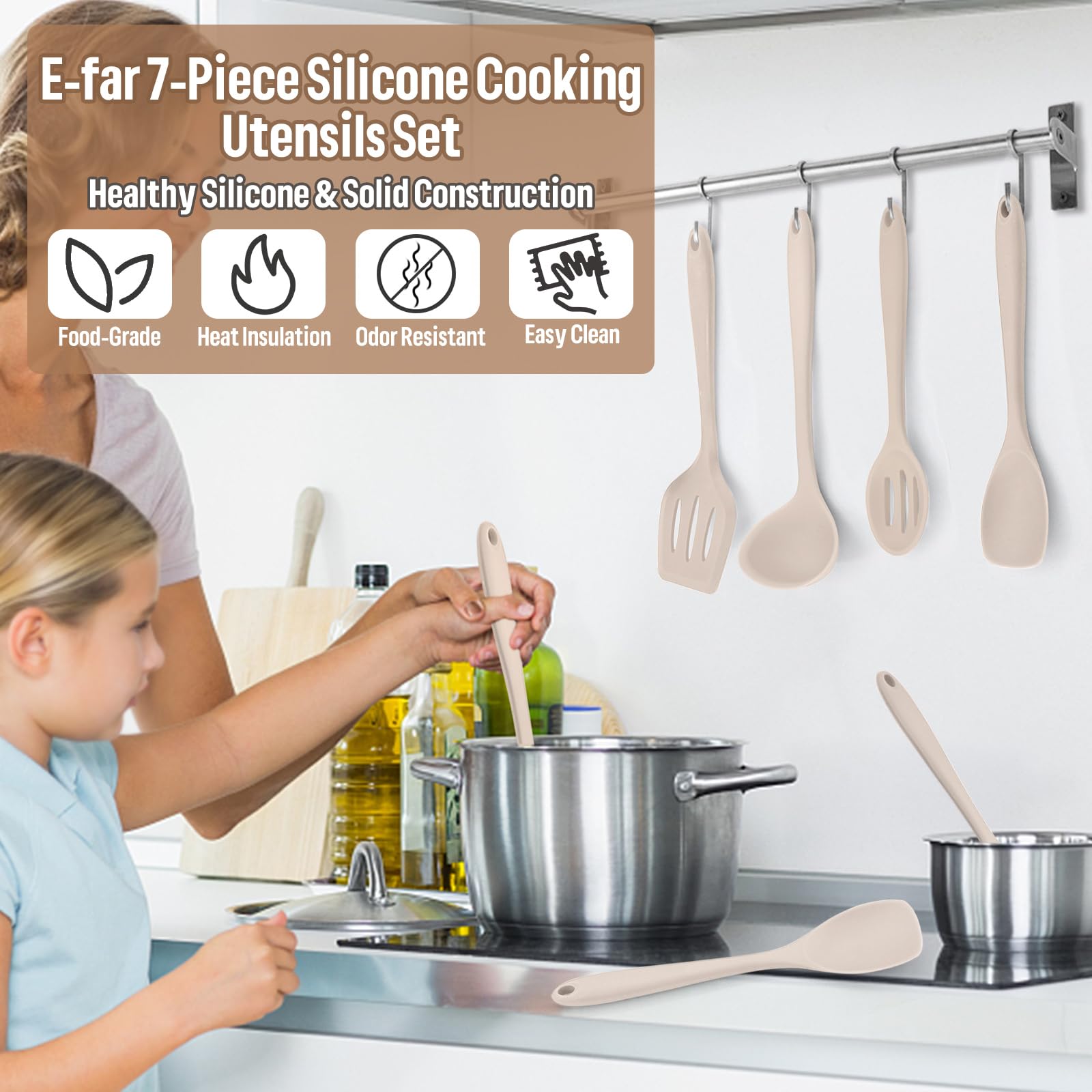 E-far Juego de utensilios de cocina de silicona, 7 piezas, caqui
