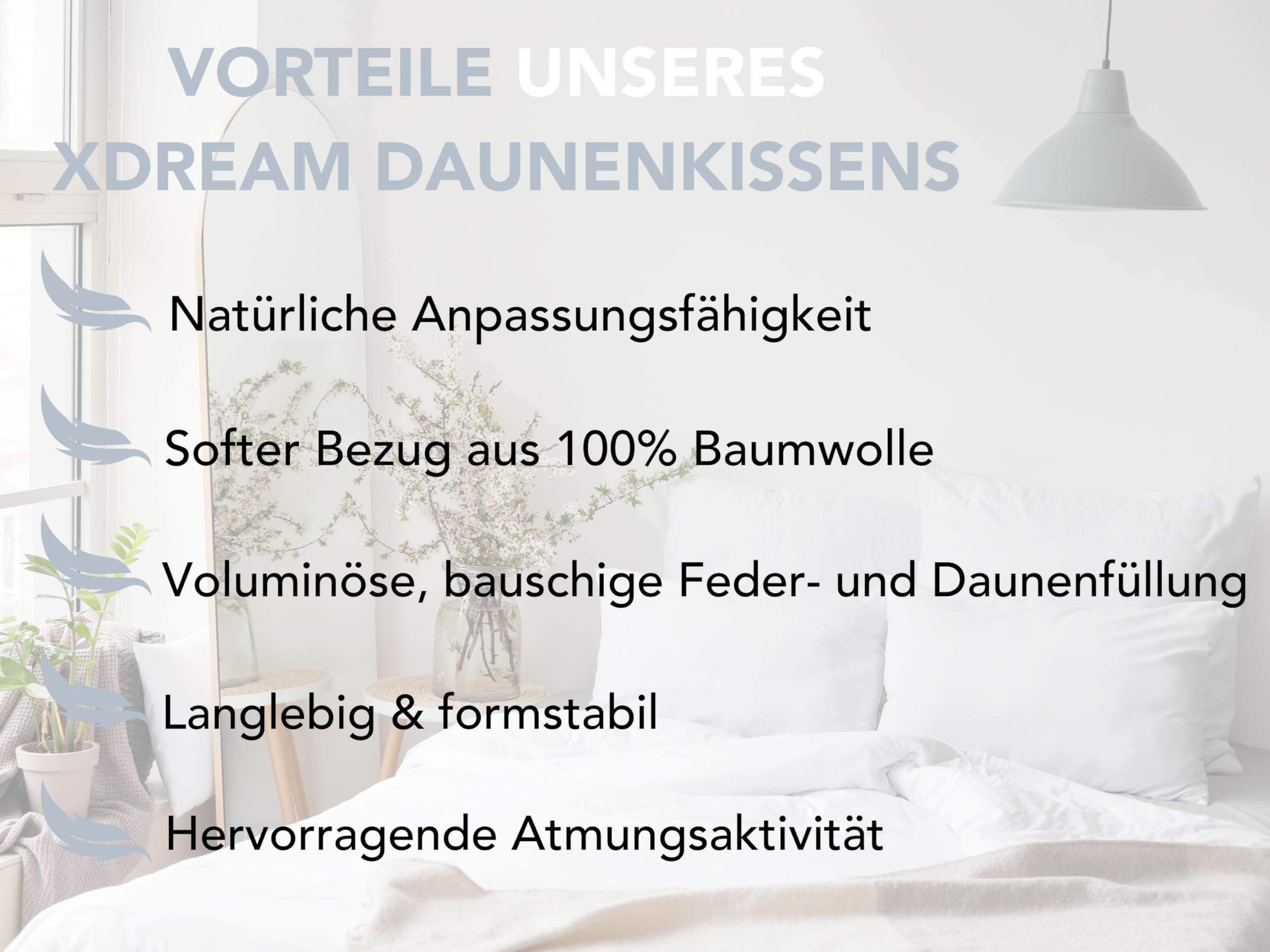 XDREAM Premium Daunenkissen 2er Set Federkopfkissen | Hülle: 100% Baumwolle | Füllung: 100% Daunen & Federn | Füllgewicht je Kissen: 550 g | 40 x 80 cm