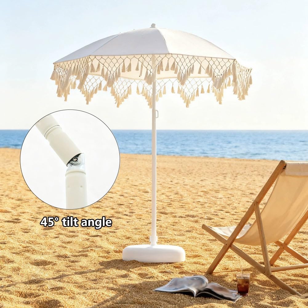 200 cm Parasol Przeciwsłoneczny z Frędzlami, Przenośny Parasol Ogrodowy z Regulacją Nachylenia, Ochrona UPF50+ do Ogrodu, Piknik, Przy Basenie