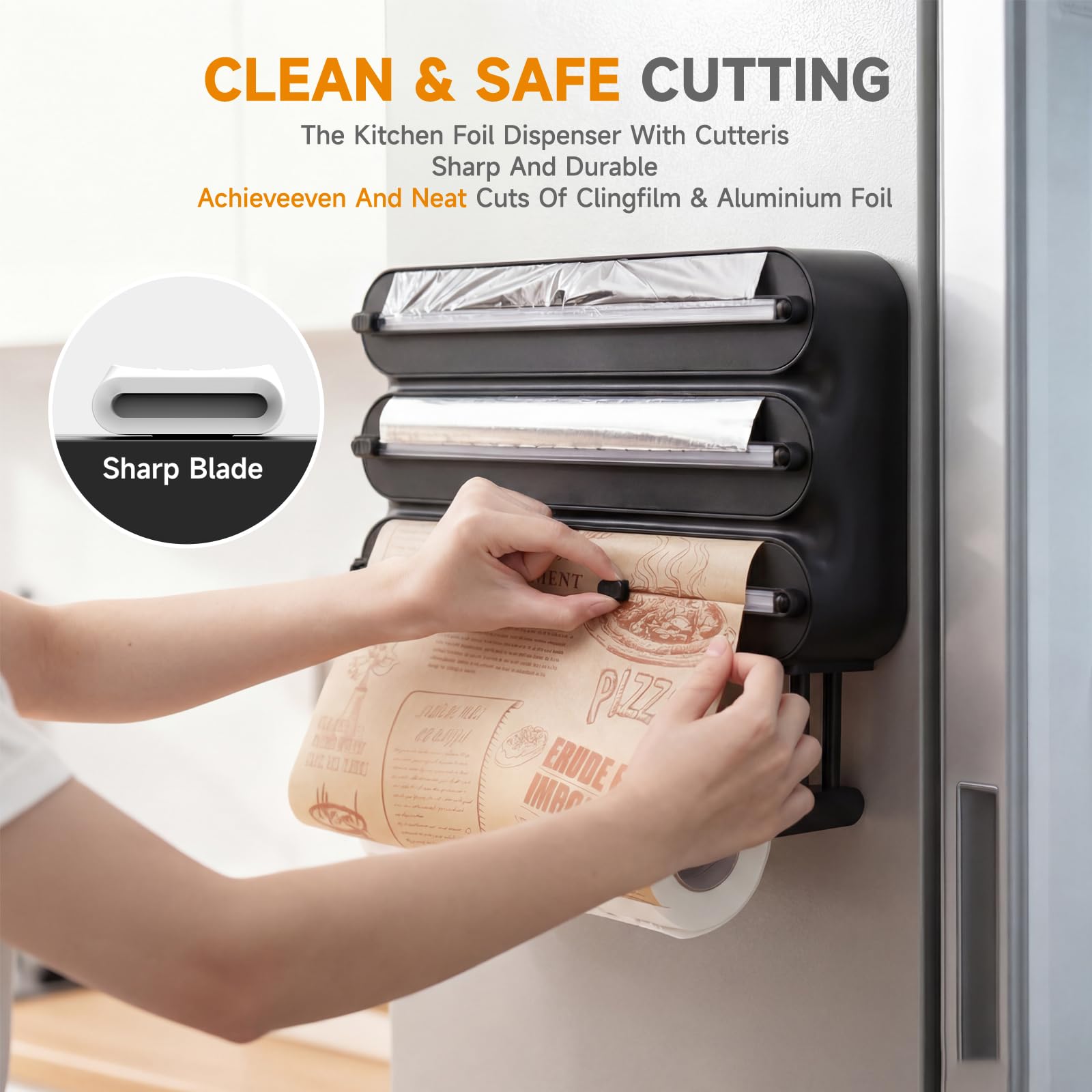 4 en 1 Derouleur Film Alimentaire，Distributeur Film Alimentaire，Distributeur Papier Aluminium et Film-Magnétique et Murale sans Percer (Noir Pur)