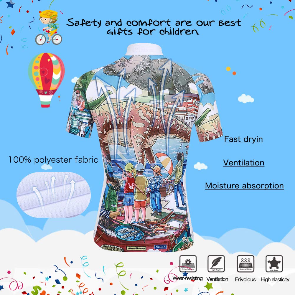 Kinder Jungen Radtrikot Set, Mädchen Radbekleidung Anzüge, Quick Dry Radsportanzug, Fahrradtrikot Kurzarm und 3D Sitzpolster Radhose, Dinosaurier-Paradies, 104/110(Herstellergröße: S)