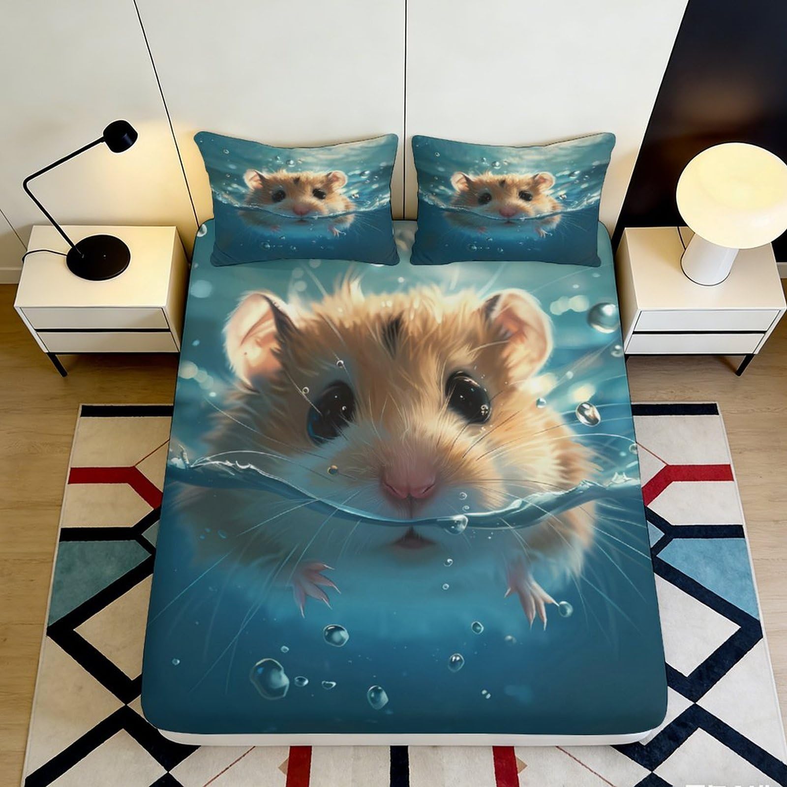 3D Printed Cute Hamster Fitted Sheet Microfiber Soft Blue Animal Pattern Mattress Cover for Bedroom Dorm Bed Protection Decor 90x200x25cm