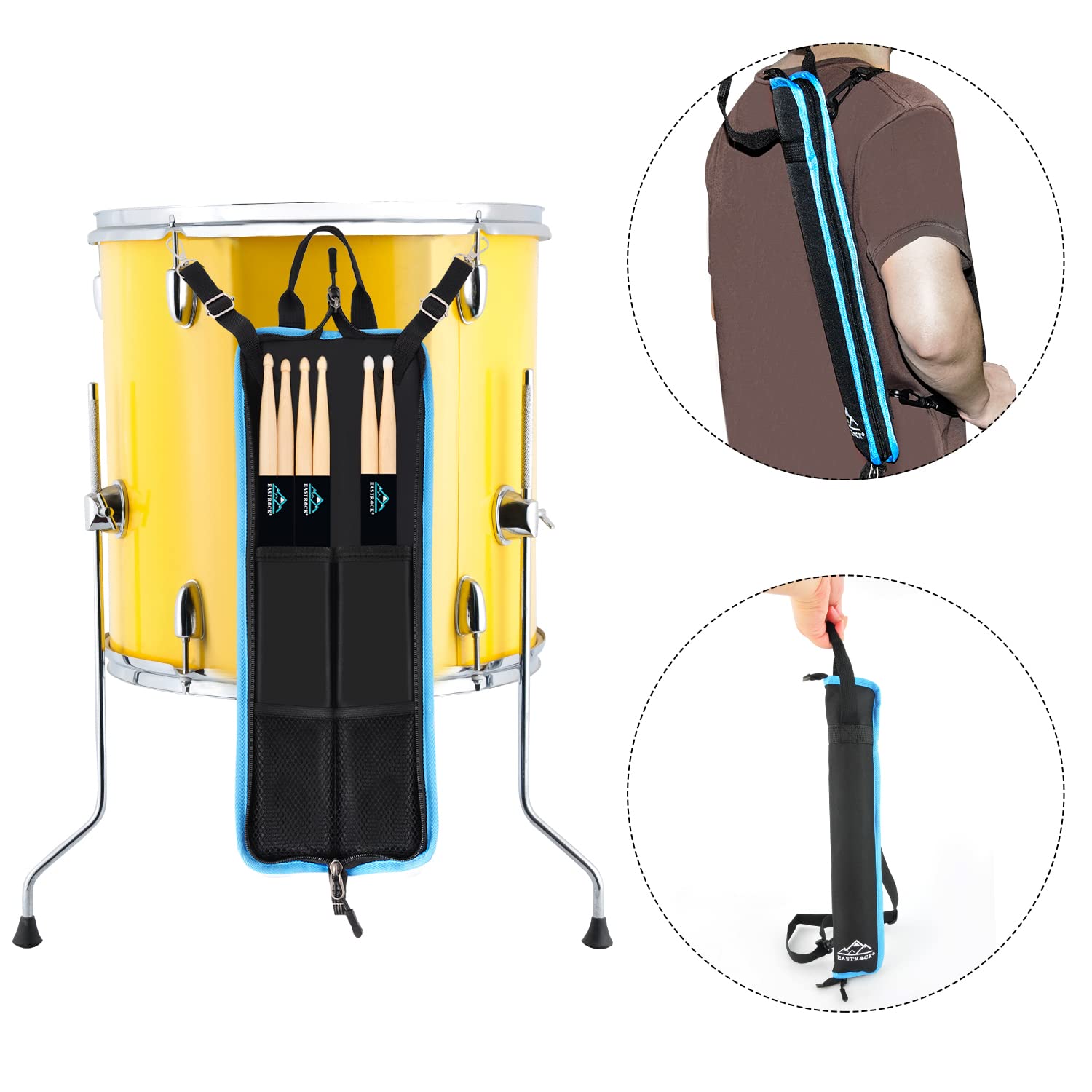 EASTROCK Drumsticks Tasche mit 3 Paar Drumsticks, Floor Tom Haken, Tragegurt für Drumsticks, Drumkeys, Drumdrahtbürsten, Schlägel schwarz