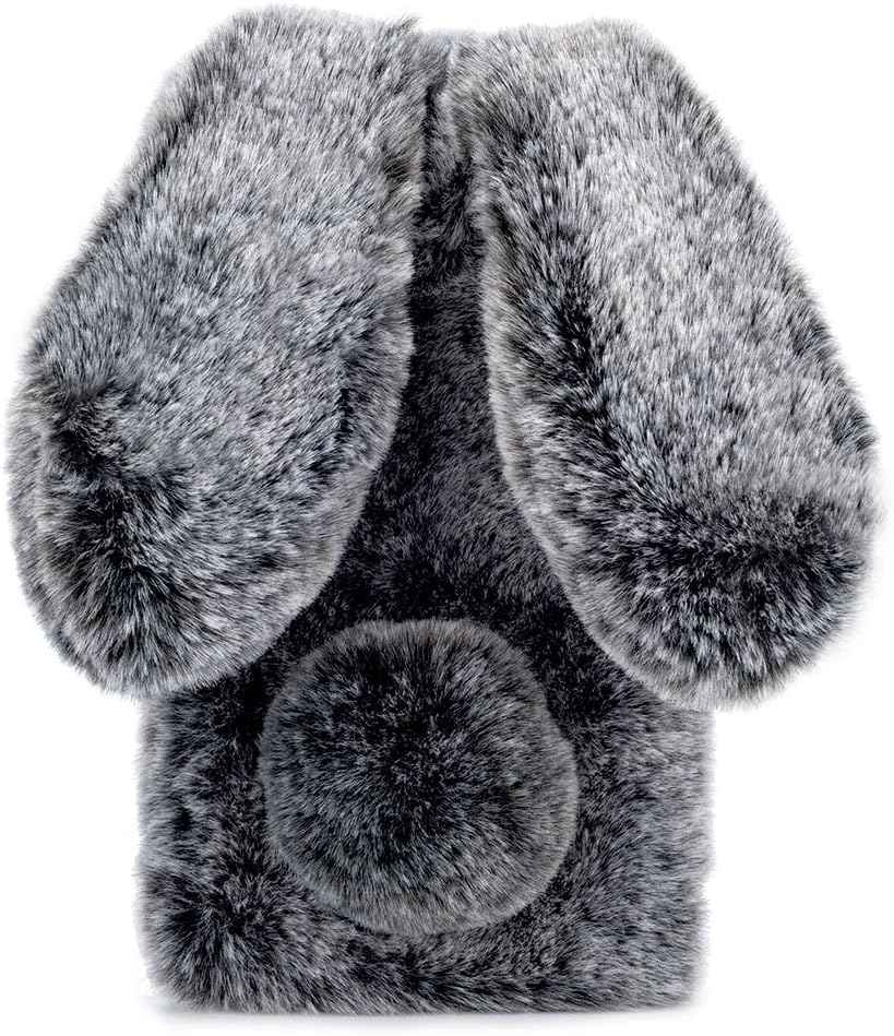 Cute Rabbit Case Plush Cover for iPhone XR Case Super Soft Warm Fluffy Furry Bunny Ears Shockproof Back Case Cover Chic Bling Crystal Diamond Bowknot Case -Dark grey
