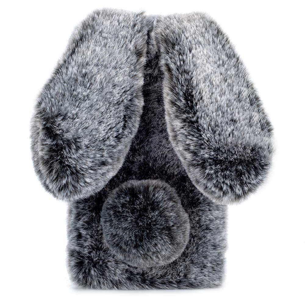 Cute Rabbit Case Plush Cover for iPhone XR Case Super Soft Warm Fluffy Furry Bunny Ears Shockproof Back Case Cover Chic Bling Crystal Diamond Bowknot Case -Dark grey