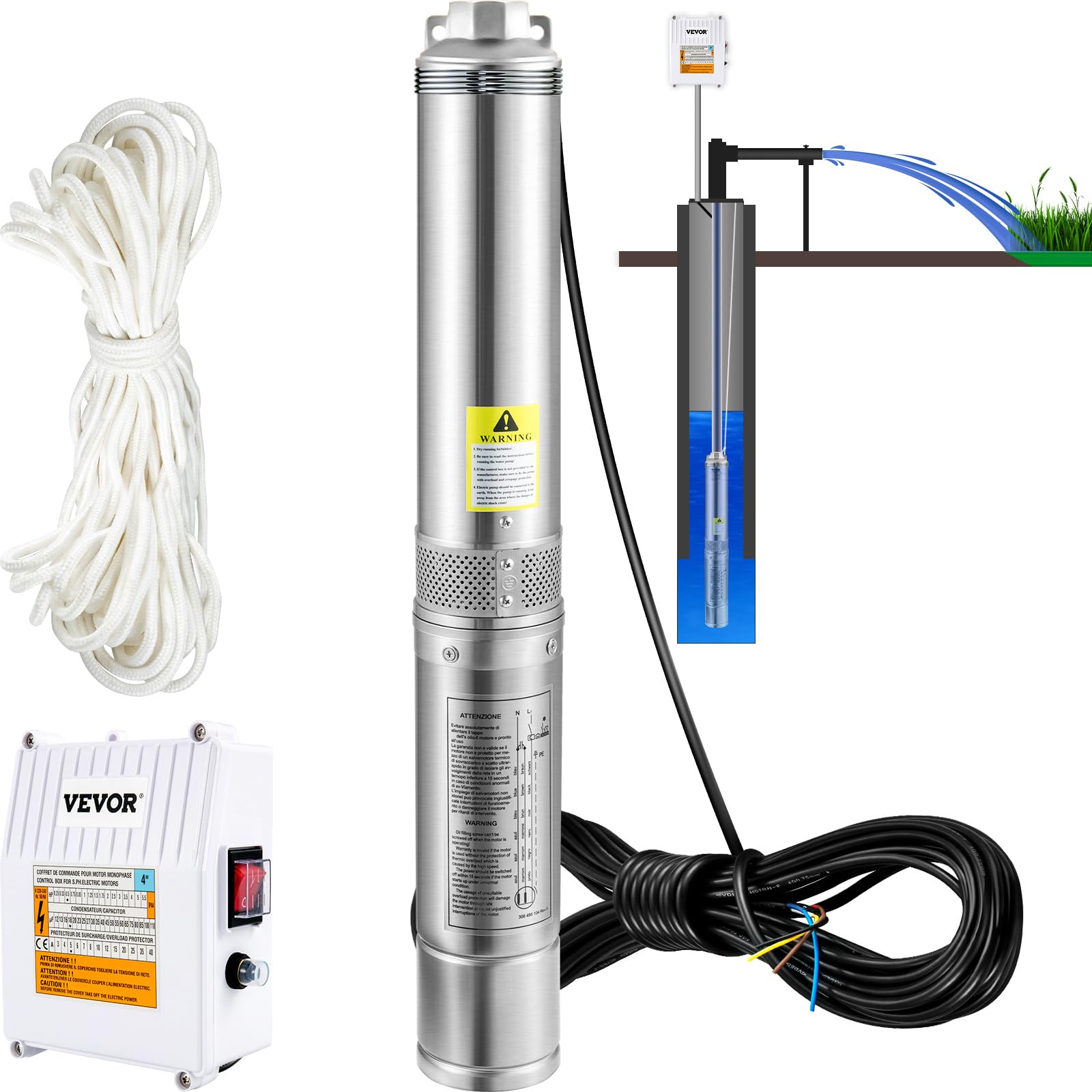 VEVOR Pompa Sommersa per Pozzo 370W Flusso 110L/​min per Piscina Giardino Orto in Acciaio Inox, Pompa Sommersa per Pozzi Profondi 230V Prevalenza Max. 44m con Scatola Controllo Esterna