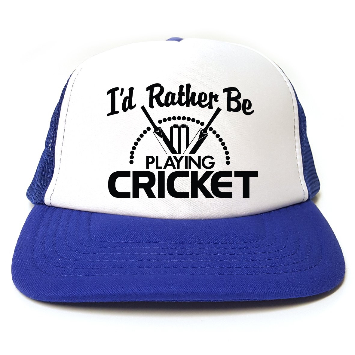Rocket Fuel 'I'd Rather Be Playing Cricket' Funny Printed Trucker Cap - Royal Blue