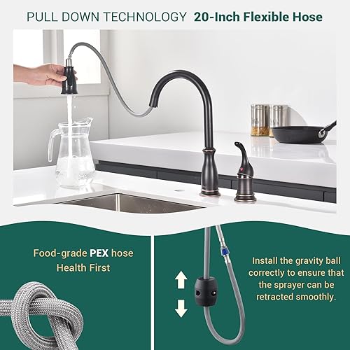 Miniatura 3 de APPASO Grifo de cocina de 2 agujeros, grifo de cocina de bronce aceitado con rociador extraíble, grifo de fregadero de cocina de acero inoxidable