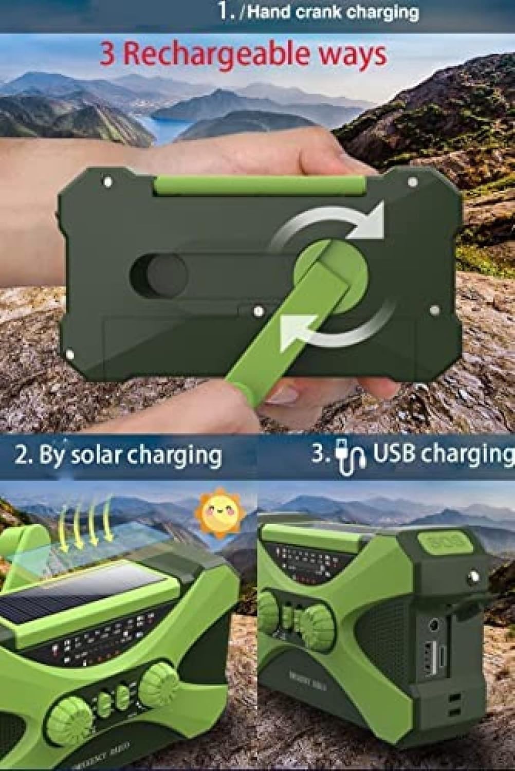 Radio A Carica Manuale di Emergenza Am FM Radio Portatile A Manovella Solare con Batteria Ricaricabile Torcia Luminosa Sensore di Movimento Lampada da Lettura Allarme SOS Jack per Cuffie, Green