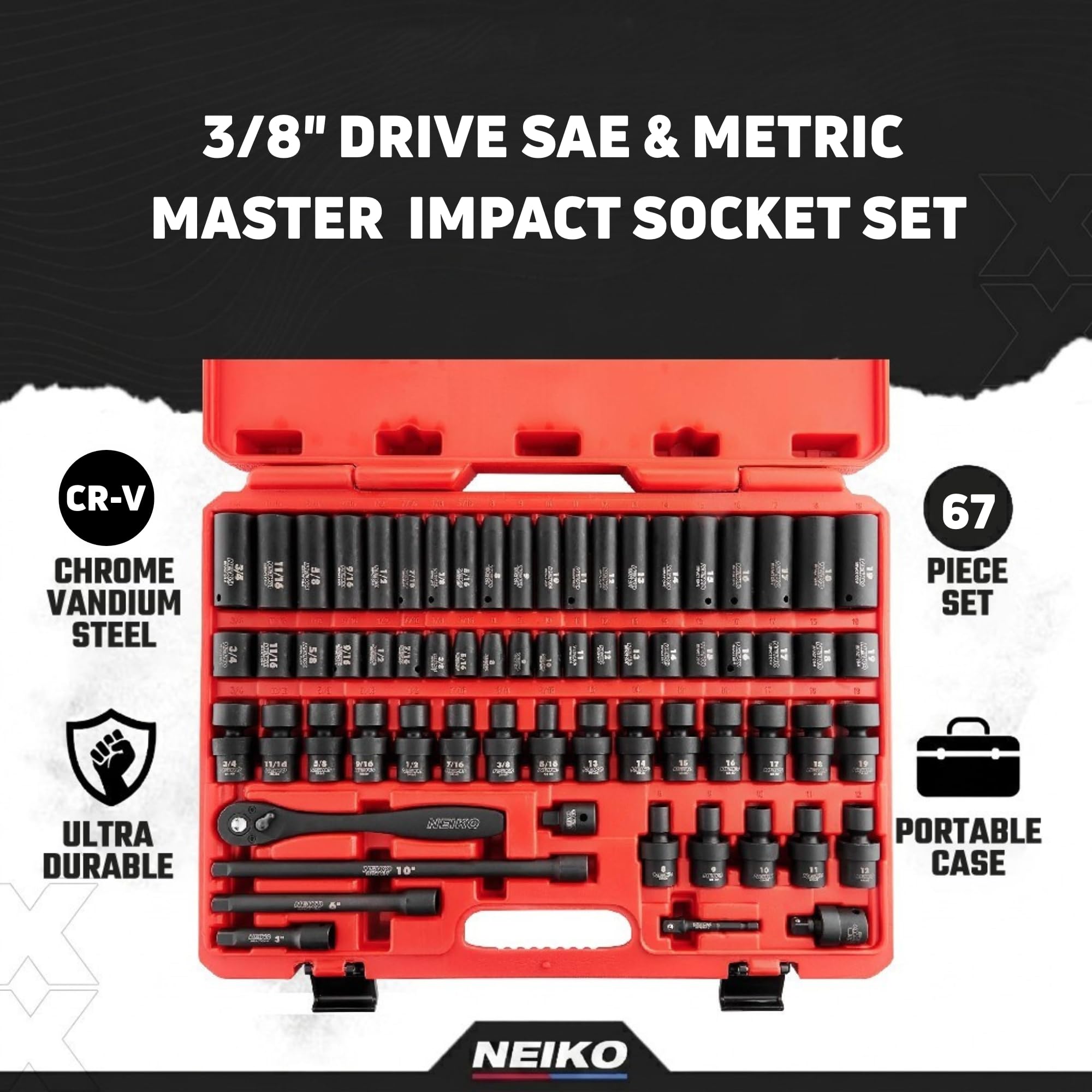 NEIKO 02471A Impact Socket Set, 3/8” Drive, 67 Piece, Metric and