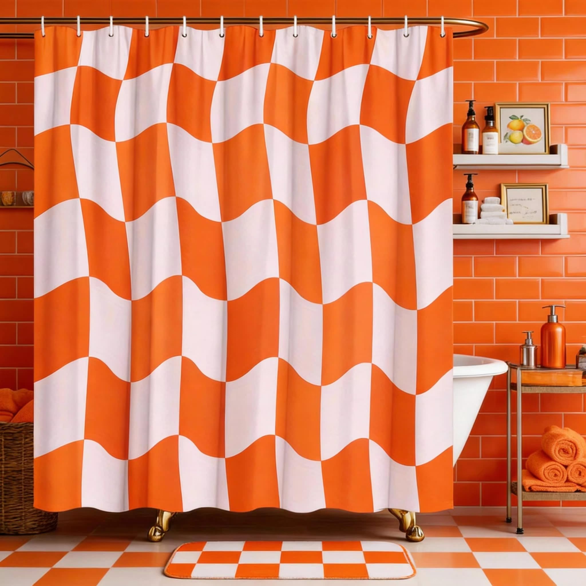KELAIMI Wavy Checkered Shower Curtain,Modern Farmhouse Aesthetic Bathroom Curtains,Simple Quick-Dry Bathtub Curtains with Hooks Orange 90X180Cm