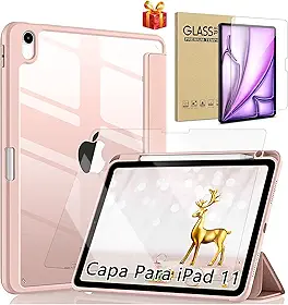 Capa iPad 11 Geração 2025 (A16) 11", Compatível iPad 10th de 10,9", Com Suporte para Apple Pencil e Despertar/Sono Automático, Anti Impacto (Rosa, Com Película de Vidro)