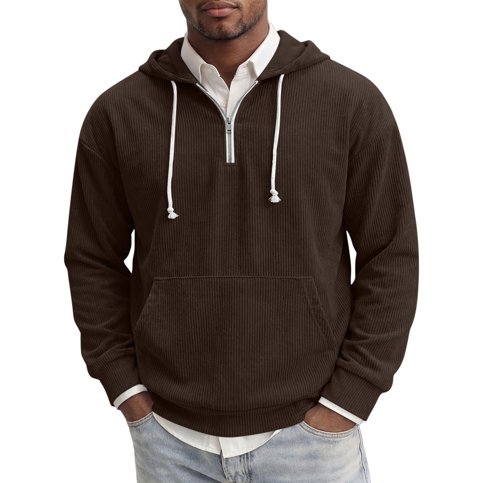 Sweat à Capuche Homme, Poche Kangourou, Velours Côtelé, Manches Longues