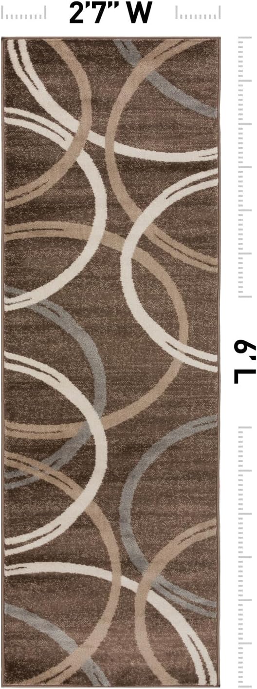 Rugshop Modern Wavy Circles Design Runner Rug, Non-Shedding Carpet for Hallway, Kitchen, or Entryway, Brown, 2'7" x 6'