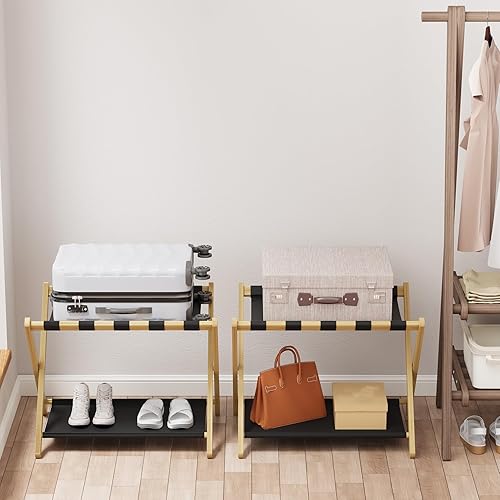 Miniatura 8 de Paquete de 2 portaequipajes de bambú natural, soporte plegable para maleta con estante de almacenamiento, soporte de equipaje fácil de montar con 5