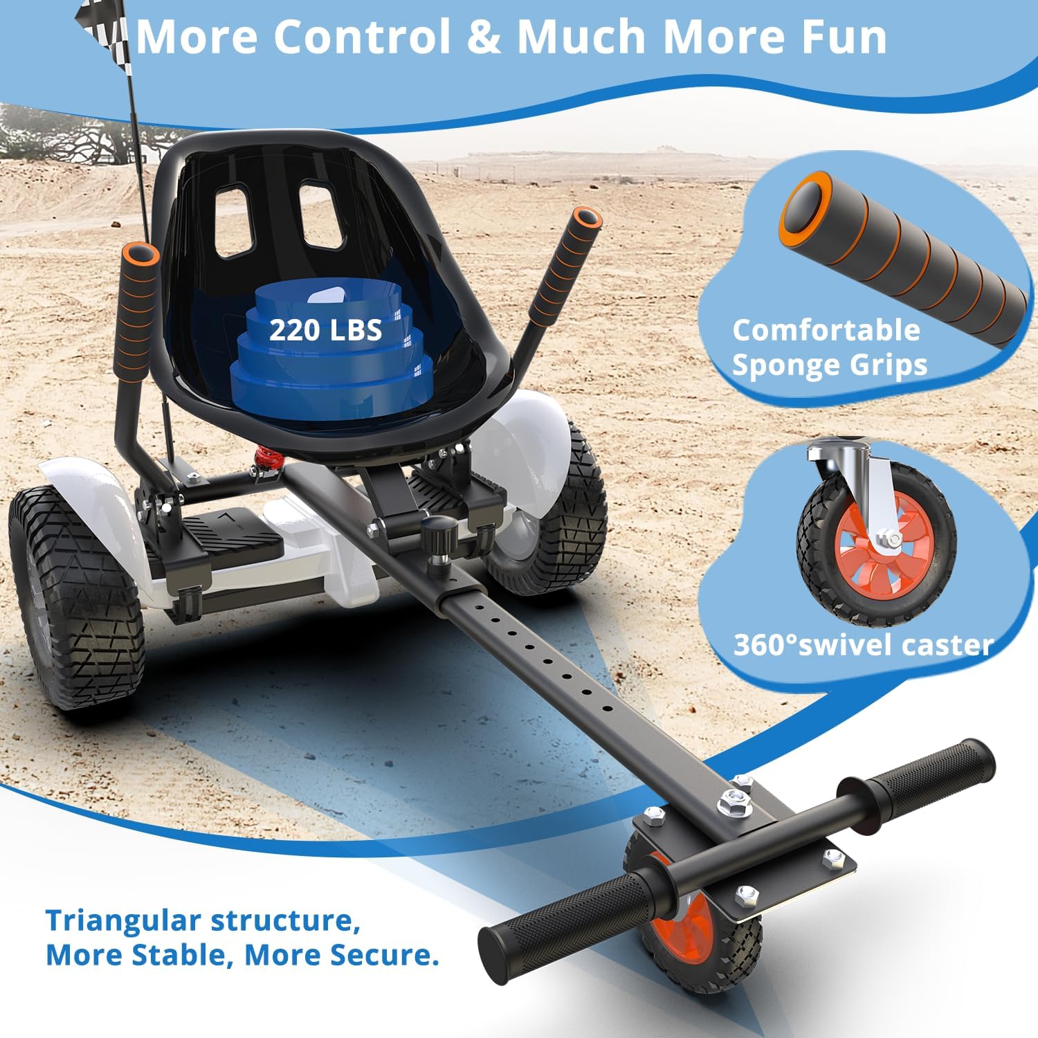 G-CYCLE Hoverboard Attachment with Rear Shock Absorption, Hoverboard Go Kart Accessory for 6.5" 8" 10" Hover Board, Adjustable Frame Length & Off-Road Rubber Wheel(Without Hoverboard)