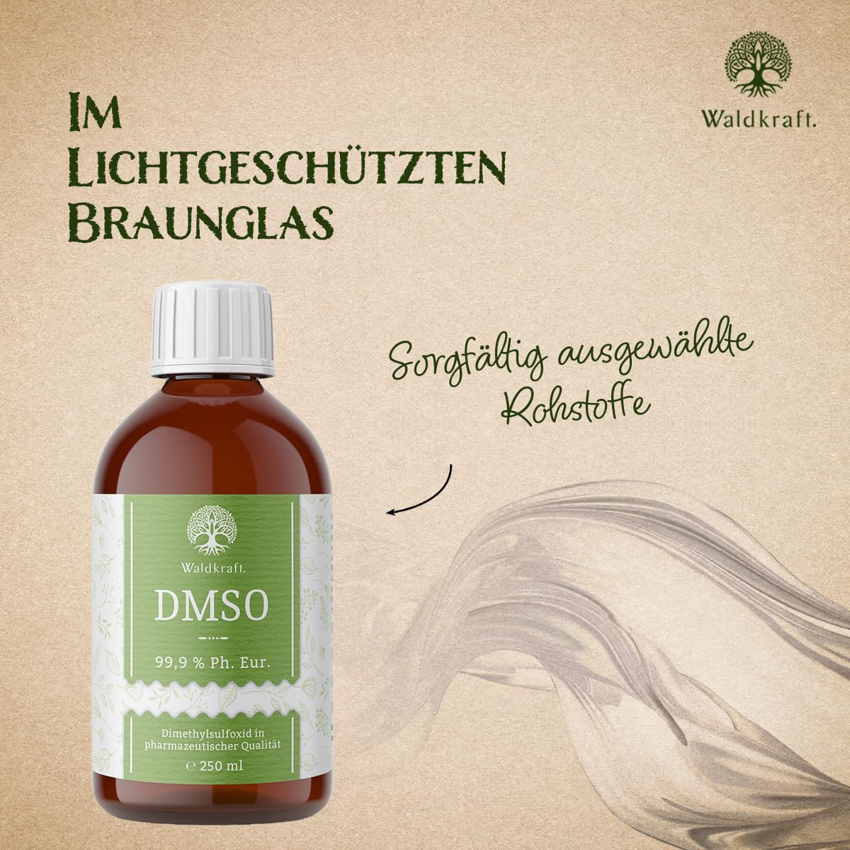 Waldkraft DMSO – 99,9 % Dimethylsulfoxid Ph. Eur. im 3er Set | Reines organisches Lösungsmittel | Entwickelt mit Therapeuten | 250 ml nachhaltig im Braunglas mit teflonbeschichtetem Deckel
