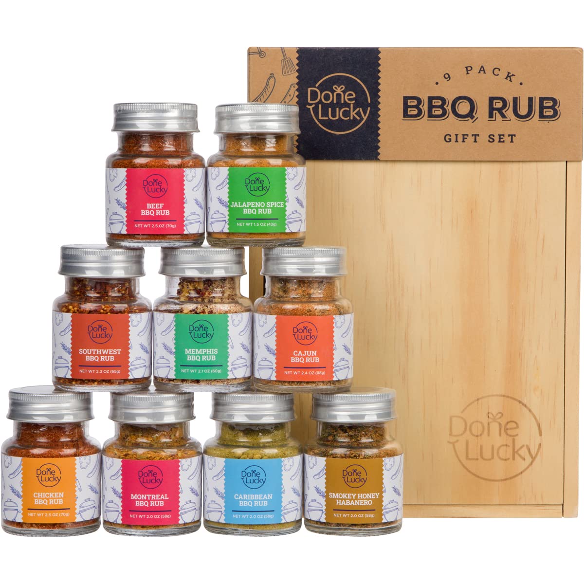 BBQ Rub Gift Set - Spice Gift Set in Premium Wooden Box - Great Grilling Gift for Father's Day, Christmas, Birthday for Him, Dad, Men, or Her - Unique Barbecue Seasonings (Set of 6)