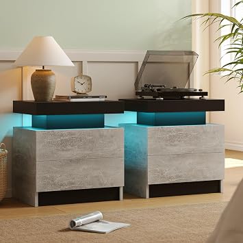 Nightstands Set of 2 with 2 Wood Drawers Modern LED Night Stand for Bedroom