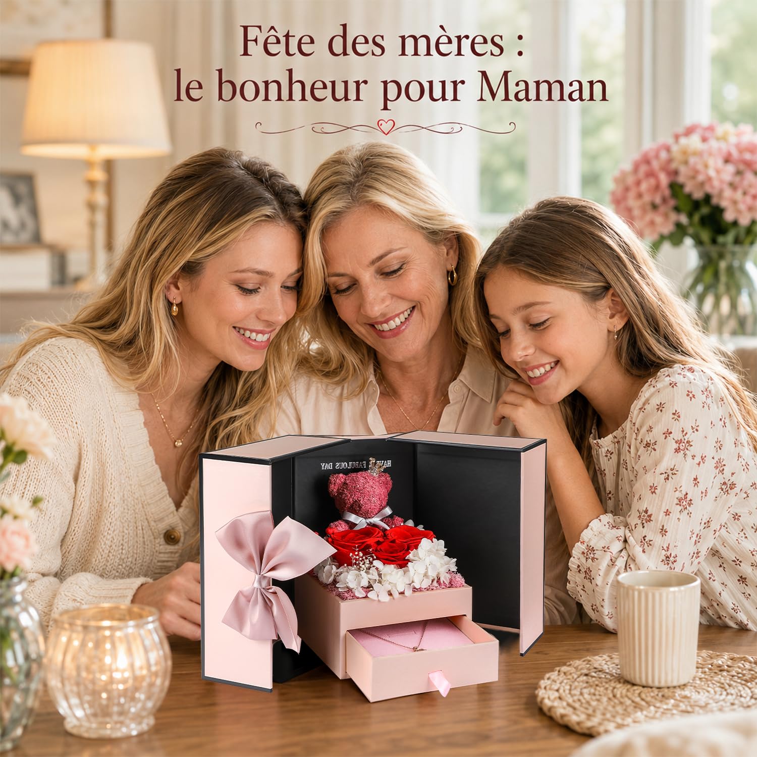 Cadeau Anniversaire Femme, Rose Eternelle avec vec Collier En Argent Sterling et Ours Rose, Cadeaux Romantiques pour Aint Valentin,Anniversaire:Parfait pour Femme,Sa,Copine,Petite Amie et Maman