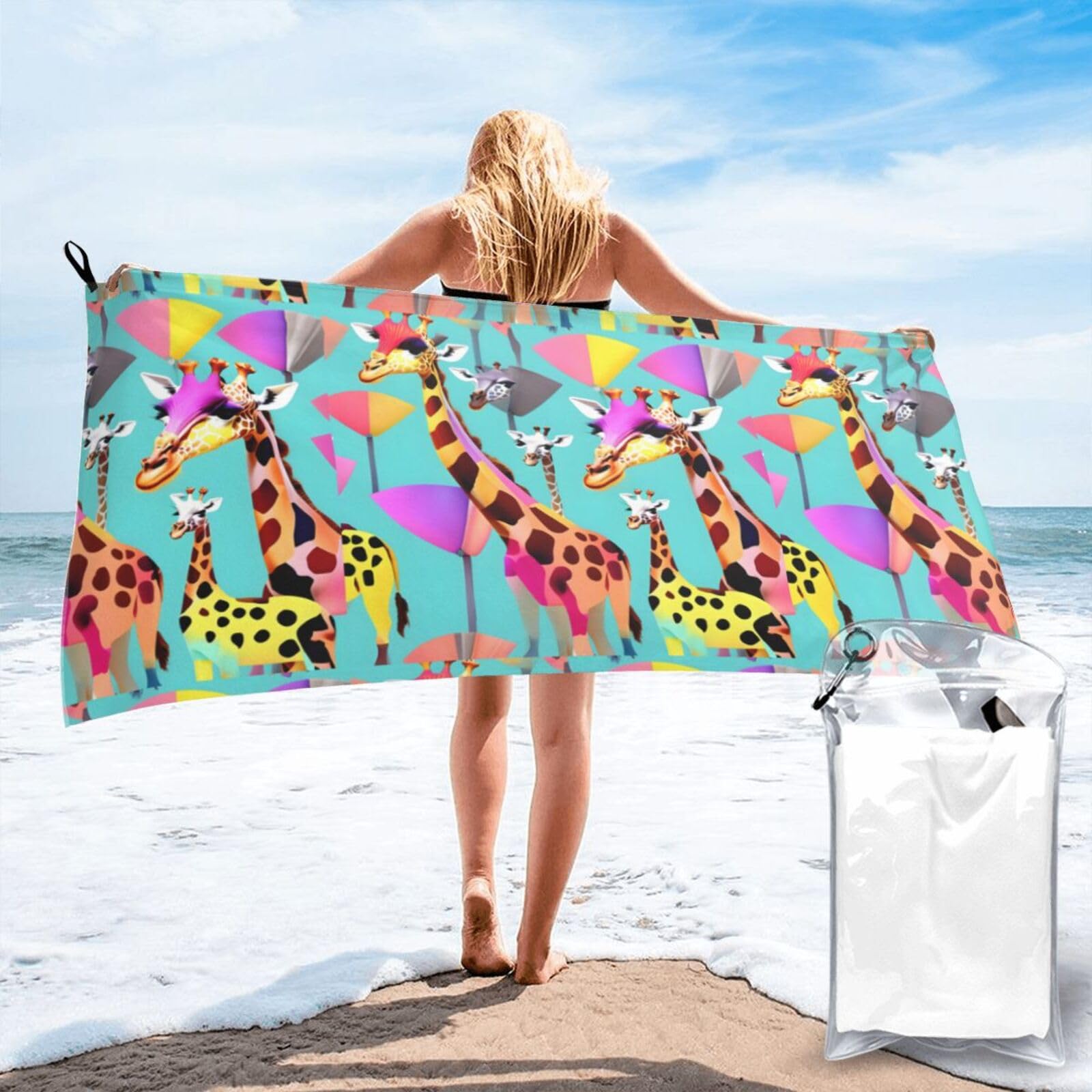 HLBSDM Colorful Giraffe Fans Lovers Print Beach Towel Quick Dry Portable for Swimming Yoga Travel Campers
