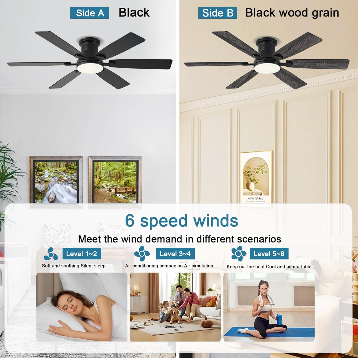 52inch Low Profile Ceiling Fan with Light and Remote/APP Control, LED Dimmable DC ReversibleModern, Flush Mount,6 Blade,Black Ceiling Fan for Bedroom Living Room/Outdoor Use - Image 9