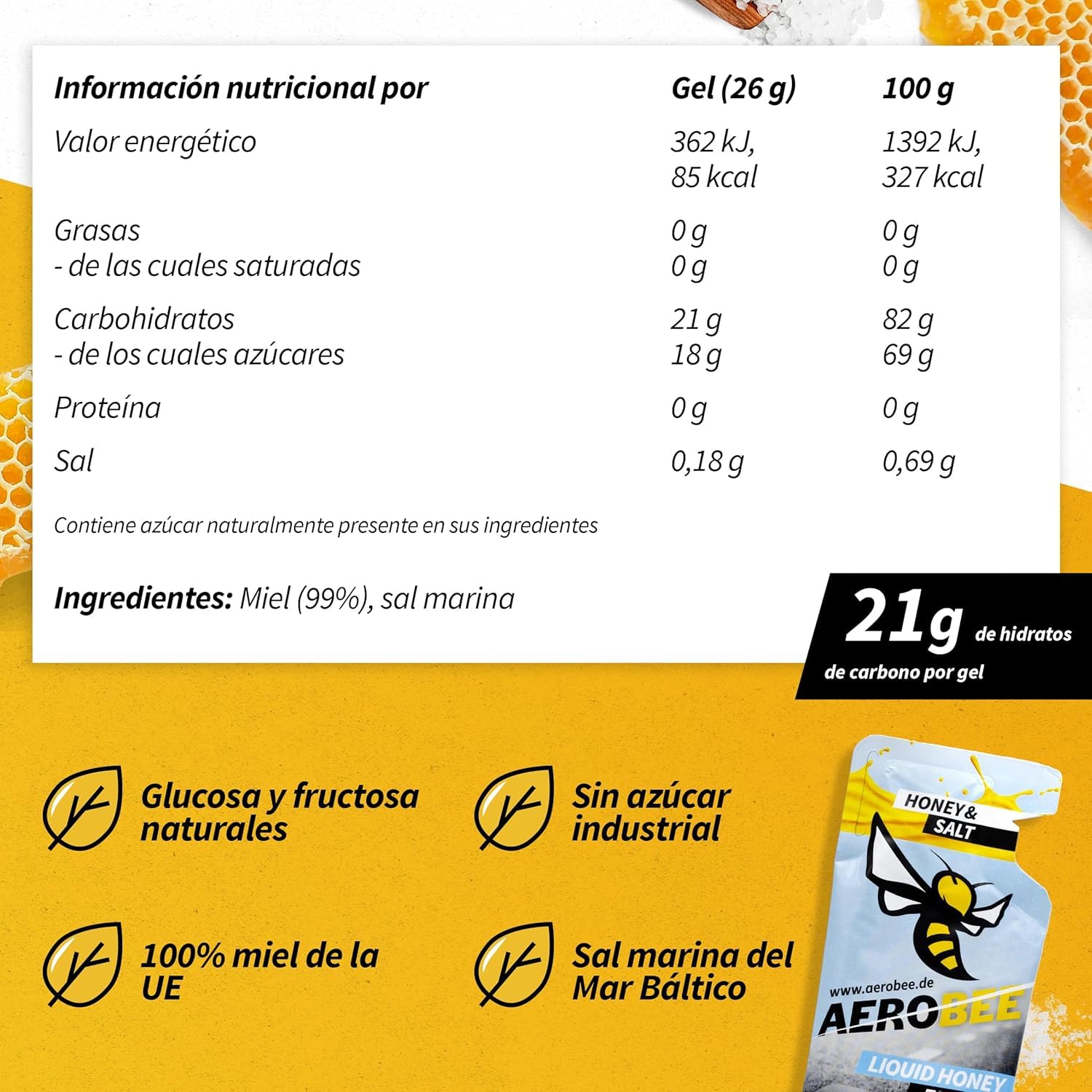 AEROBEE Energy Liquid Gel - Sabor a Miel y Sal 10x26g [Energético líquido 100% natural de miel] Gel líquido deportivo para ciclismo, deportes de resistencia, running, maratón, gel de carbohidratos