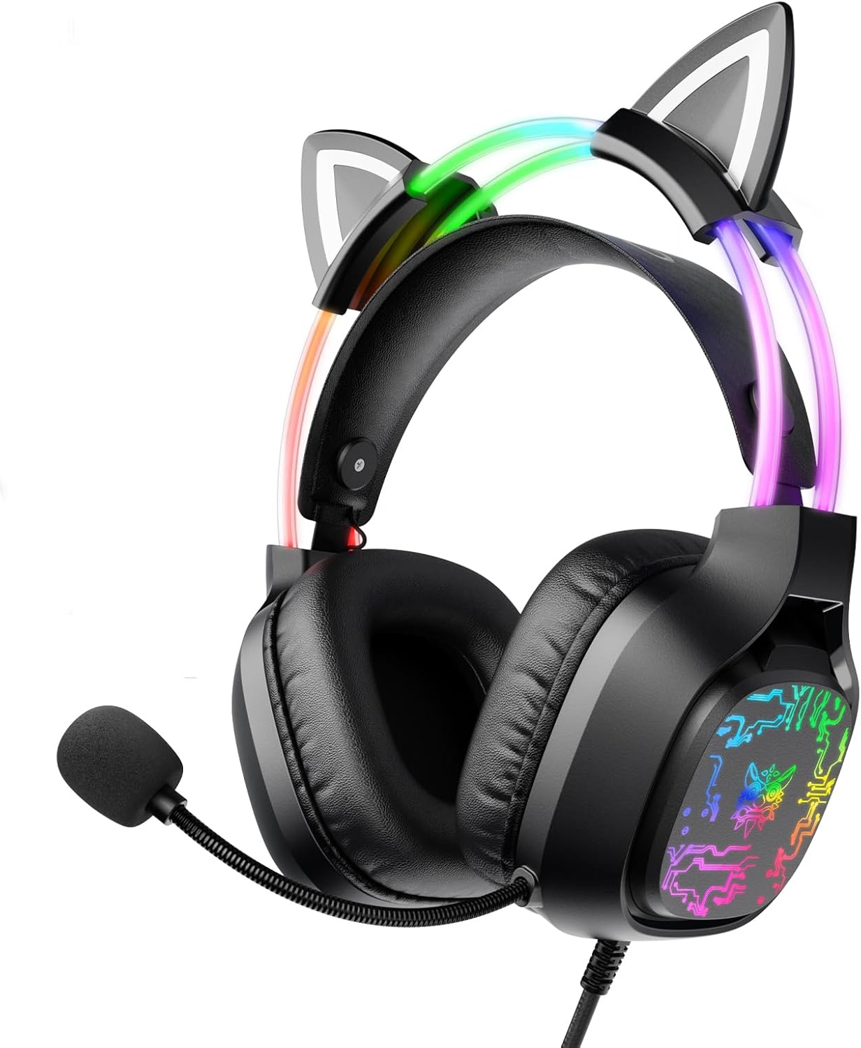 ONITOON Gaming Headset with Microphone, RGB Lights, Detachable Cat Ear, Lightweight Over-Ear Headphones with Adjustable Headband for PC, PS4, PS5, Mac, Switch, Surround Sound, in-Line Control, Black