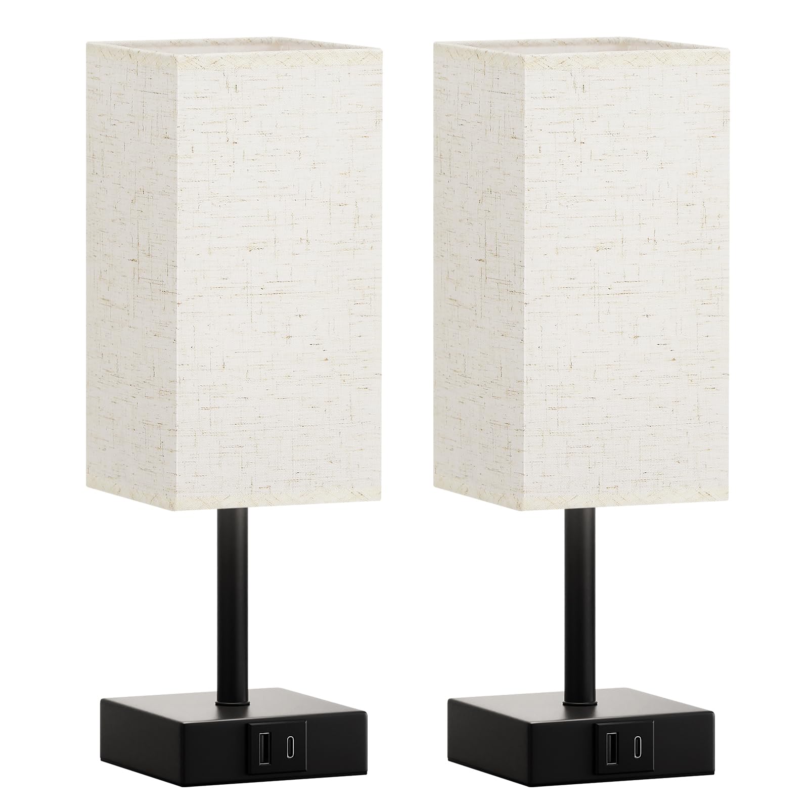 PreeOtti Bedside Table Lamps Set of 2, Dimmable White Bedside Lamps with 2 USB Charging Ports, Black Base (Bulbs Included)