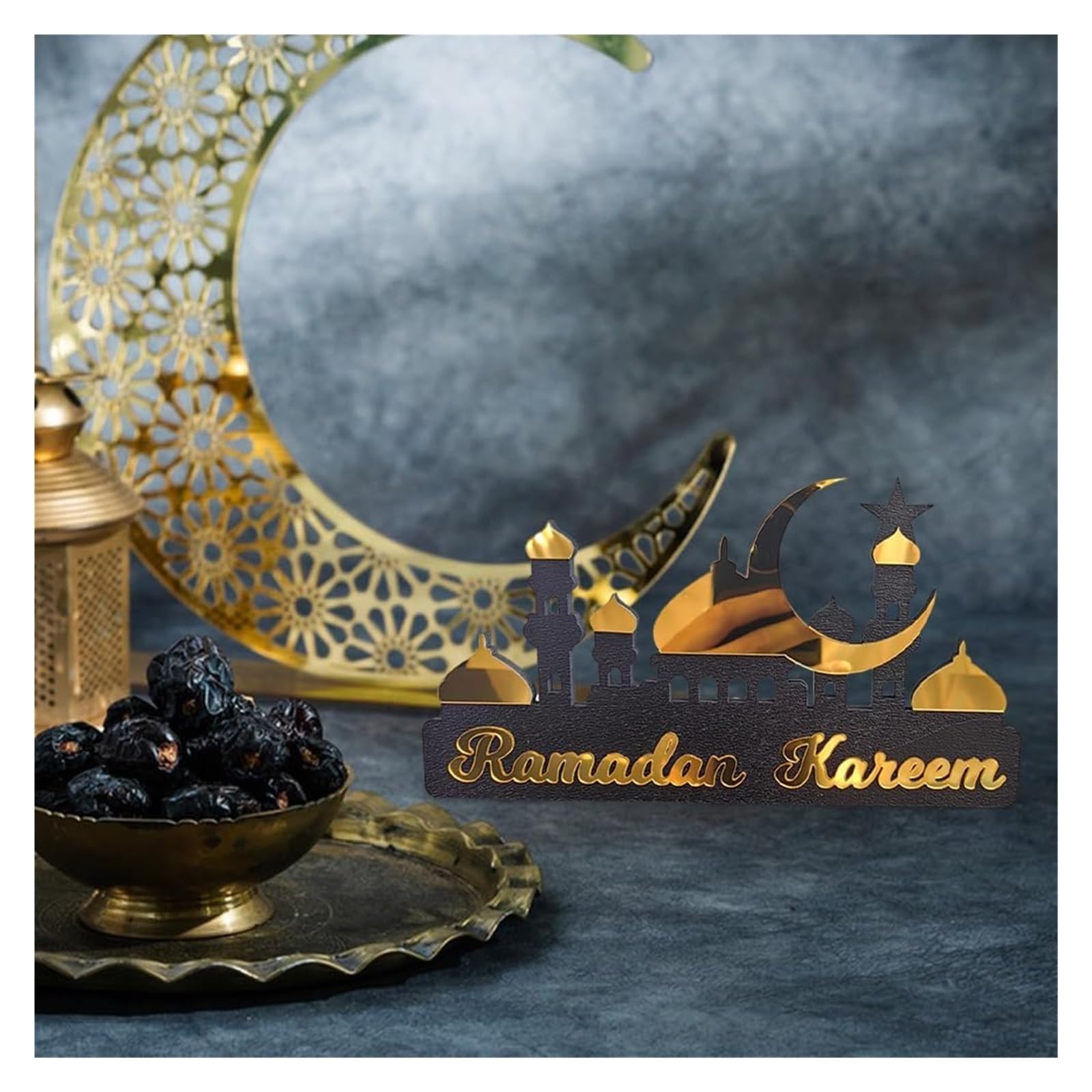 Ozdoby ramadanowe na domowy stół, Ramadan Kareem Dekoracja stołu Drewniana akrylowa dekoracja Eid Mubarak(Silver B,L)